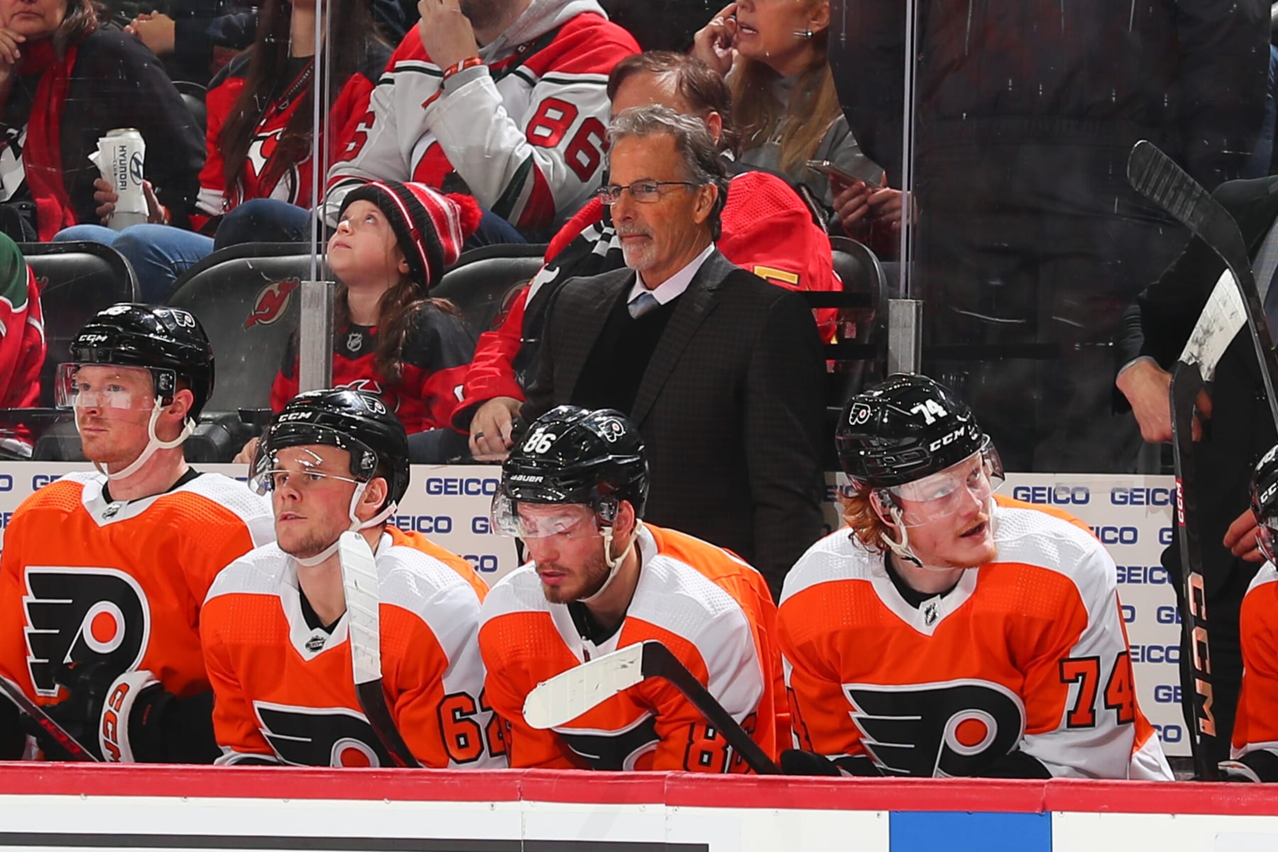 NEWARK, NJ - FEBRUARY 25: John Tortorella Head Coach of the Philadelphia Flyers behind the bench during the game against the New Jersey Devils on February 25, 2023 at the Prudential Center in Newark, New Jersey.  (Photo by Rich Graessle/NHLI via Getty Images)