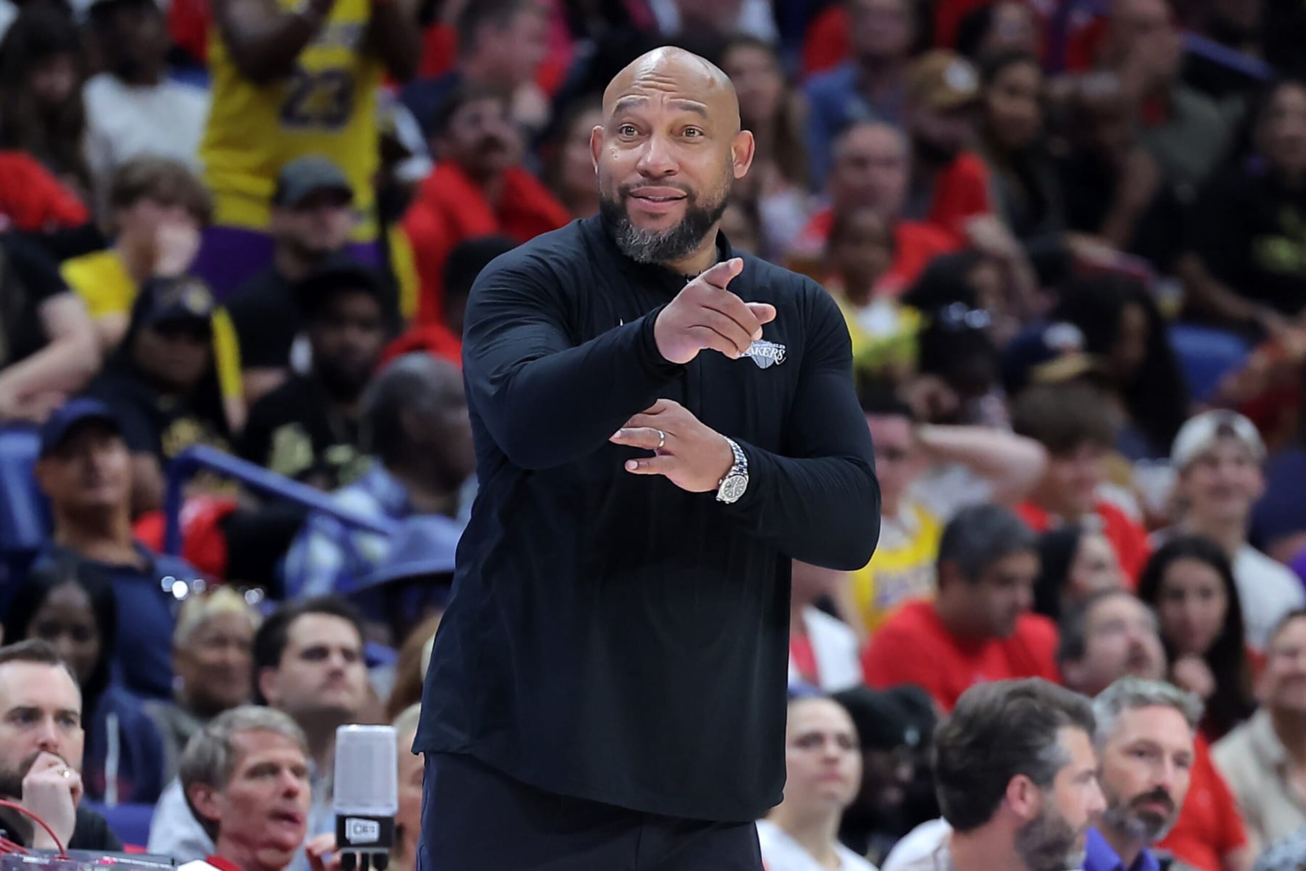NEW ORLEANS, LOUISIANA - APRIL 16: Head coach Darvin Ham of the Los Angeles Lakers reacts against the New Orleans Pelicans during a play-in tournament game at the Smoothie King Center on April 16, 2024 in New Orleans, Louisiana. NOTE TO USER: User expressly acknowledges and agrees that, by downloading and or using this Photograph, user is consenting to the terms and conditions of the Getty Images License Agreement. (Photo by Jonathan Bachman/Getty Images) NEW ORLEANS, LOUISIANA - APRIL 16: Head coach Darvin Ham of the Los Angeles Lakers reacts against the New Orleans Pelicans during a play-in tournament game at the Smoothie King Center on April 16, 2024 in New Orleans, Louisiana. NOTE TO USER: User expressly acknowledges and agrees that, by downloading and or using this Photograph, user is consenting to the terms and conditions of the Getty Images License Agreement. (Photo by Jonathan Bachman/Getty Images)