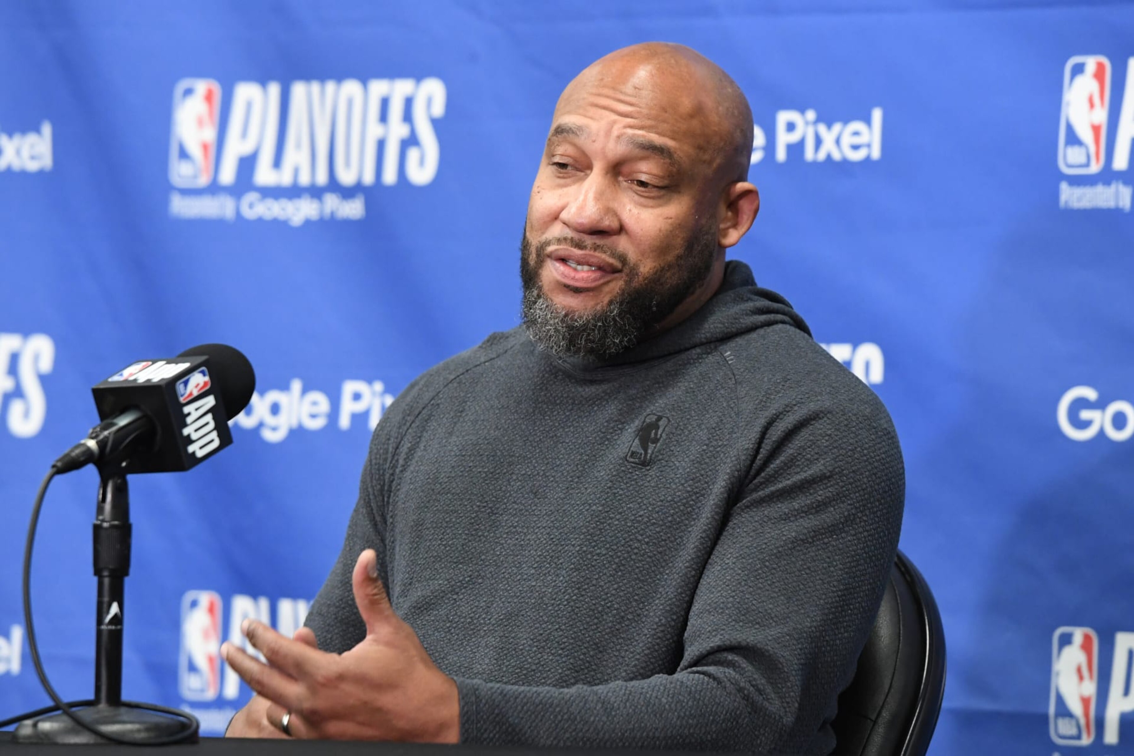 LOS ANGELES, CA - APRIL 27: Head Coach Darvin Ham of the Los Angeles Lakers talks to the media before the game against the Denver Nuggets during Round 1 Game 4 of the 2024 NBA Playoffs on April 27, 2024 at Crypto.Com Arena in Los Angeles, California. NOTE TO USER: User expressly acknowledges and agrees that, by downloading and/or using this Photograph, user is consenting to the terms and conditions of the Getty Images License Agreement. Mandatory Copyright Notice: Copyright 2024 NBAE (Photo by Andrew D. Bernstein/NBAE via Getty Images) LOS ANGELES, CA - APRIL 27: Head Coach Darvin Ham of the Los Angeles Lakers talks to the media before the game against the Denver Nuggets during Round 1 Game 4 of the 2024 NBA Playoffs on April 27, 2024 at Crypto.Com Arena in Los Angeles, California. NOTE TO USER: User expressly acknowledges and agrees that, by downloading and/or using this Photograph, user is consenting to the terms and conditions of the Getty Images License Agreement. Mandatory Copyright Notice: Copyright 2024 NBAE (Photo by Andrew D. Bernstein/NBAE via Getty Images)