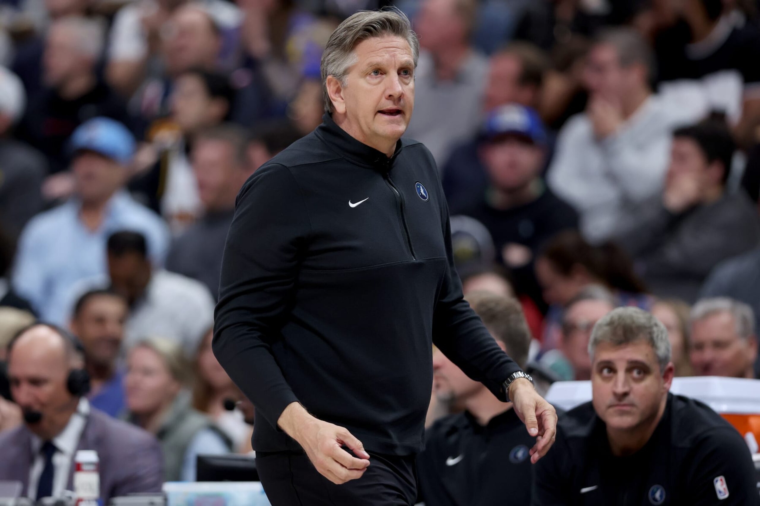 DENVER, COLORADO - APRIL 10: Head coach Chris Finch of the Minnesota Timberwolves watches as his team plays the Denver Nuggets during the first quarter at Ball Arena on April 10, 2024 in Denver, Colorado. NOTE TO USER: User expressly acknowledges and agrees that, by downloading and or using this photograph, User is consenting to the terms and conditions of the Getty Images License Agreement. (Photo by Matthew Stockman/Getty Images) DENVER, COLORADO - APRIL 10: Head coach Chris Finch of the Minnesota Timberwolves watches as his team plays the Denver Nuggets during the first quarter at Ball Arena on April 10, 2024 in Denver, Colorado. NOTE TO USER: User expressly acknowledges and agrees that, by downloading and or using this photograph, User is consenting to the terms and conditions of the Getty Images License Agreement. (Photo by Matthew Stockman/Getty Images)