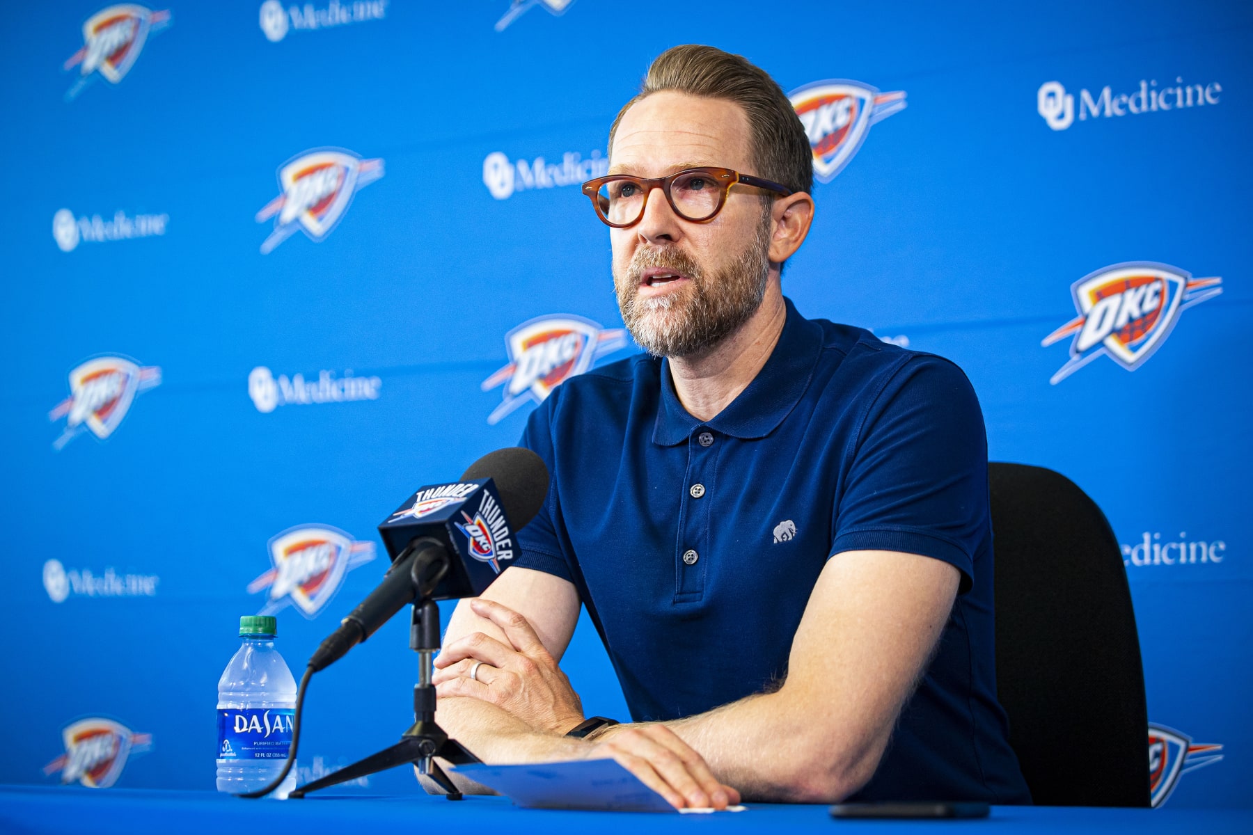 OKLAHOMA CITY, OK - SEPTEMBER 26: Oklahoma City Thunder General Manager Sam Presti speaks to media at preseason media availability at the Thunder ION on September 26, 2019 in Oklahoma City, OKlahoma. NOTE TO USER: User expressly acknowledges and agrees that, by downloading and or using this photograph, User is consenting to the terms and conditions of the Getty Images License Agreement. Mandatory Copyright Notice: Copyright 2019 NBAE (Photo by Zach Beeker/NBAE via Getty Images)