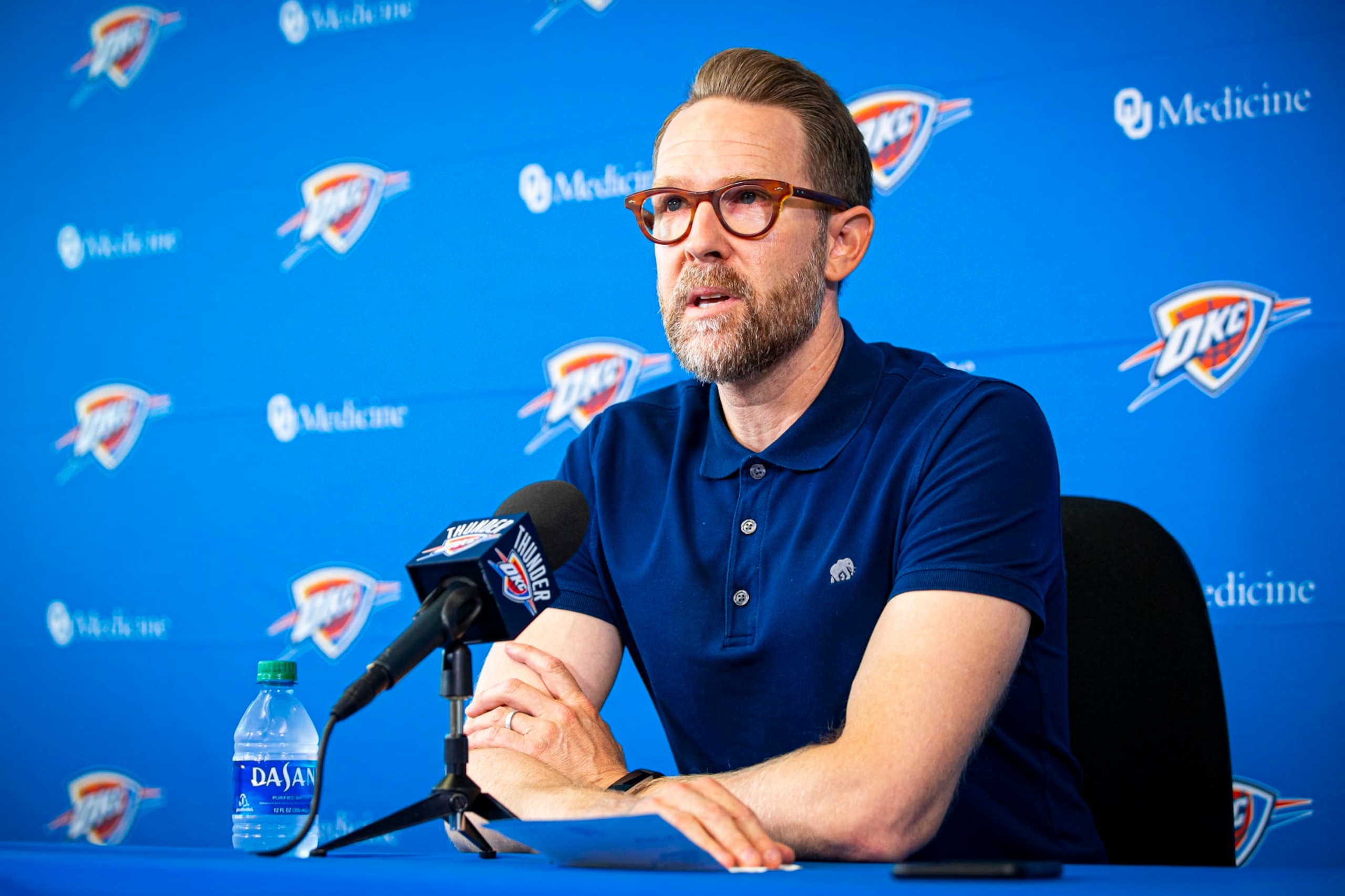 OKLAHOMA CITY, OK - SEPTEMBER 26: Oklahoma City Thunder General Manager Sam Presti speaks to media at preseason media availability at the Thunder ION on September 26, 2019 in Oklahoma City, OKlahoma. NOTE TO USER: User expressly acknowledges and agrees that, by downloading and or using this photograph, User is consenting to the terms and conditions of the Getty Images License Agreement. Mandatory Copyright Notice: Copyright 2019 NBAE (Photo by Zach Beeker/NBAE via Getty Images)