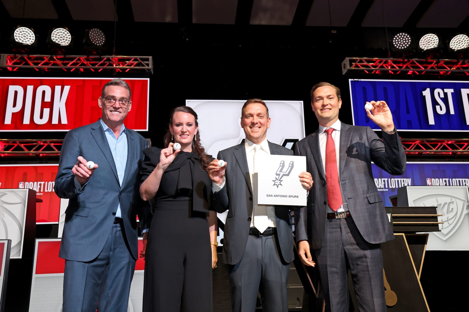 CHICAGO,IL - MAY 16: CEO R. C. Buford, Lauren Kate Holt, Managing Partner Peter J. Holt and J.B. Richter of the San Antonio Spurs accept the 1st Pickduring the 2023 NBA Draft Lottery at McCormick Place on May 16, 2023 in Chicago, Illinois. NOTE TO USER: User expressly acknowledges and agrees that, by downloading and or using this photograph, user is consenting to the terms and conditions of the Getty Images License Agreement. Mandatory Copyright Notice: Copyright 2023 NBAE (Photo by Jeff Haynes/NBAE via Getty Images)