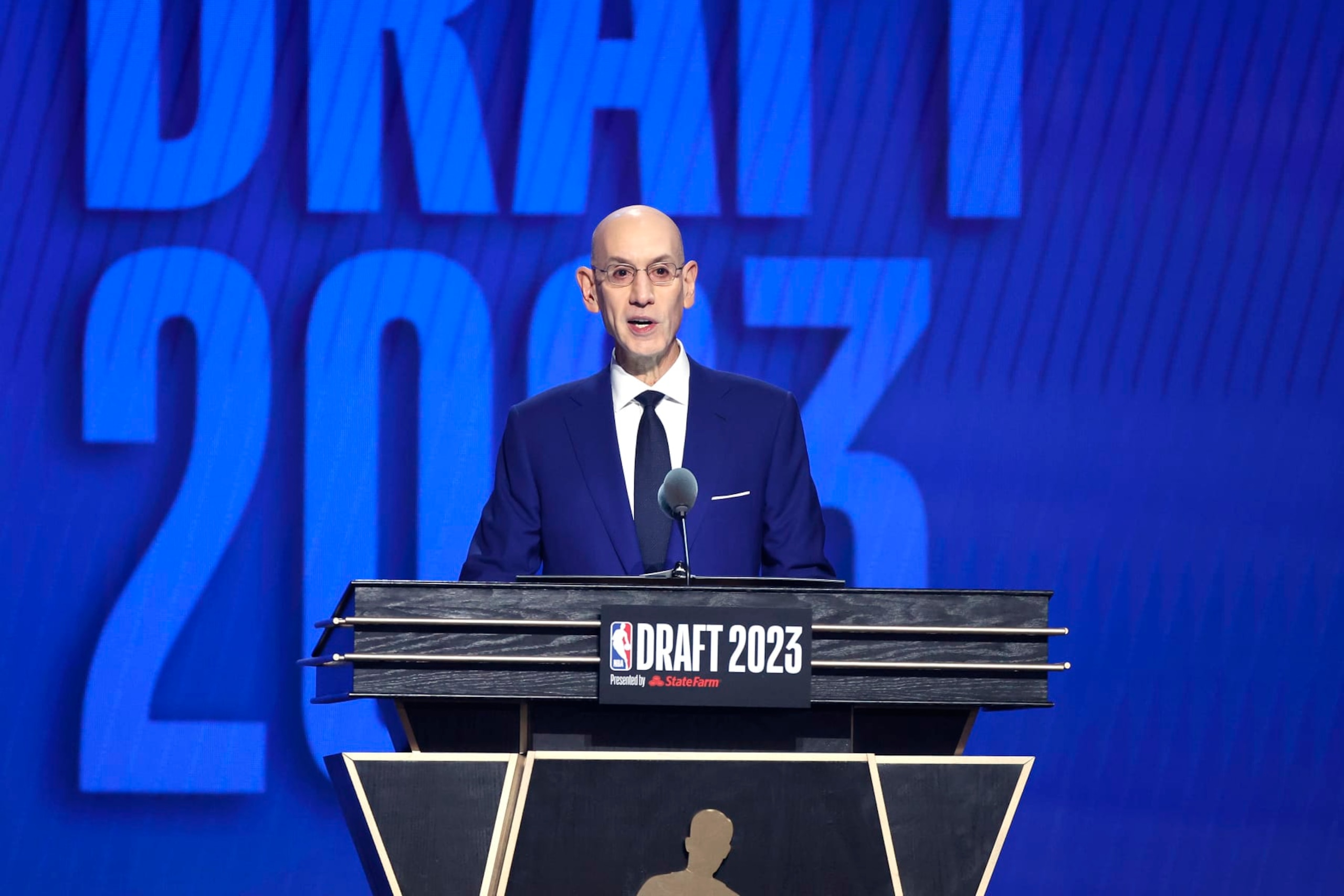 NEW YORK, NEW YORK - JUNE 22: NBA commissioner Adam Silver speaks during the first round of the 2023 NBA Draft at Barclays Center on June 22, 2023 in the Brooklyn borough of New York City. NOTE TO USER: User expressly acknowledges and agrees that, by downloading and or using this photograph, User is consenting to the terms and conditions of the Getty Images License Agreement. (Photo by Sarah Stier/Getty Images)