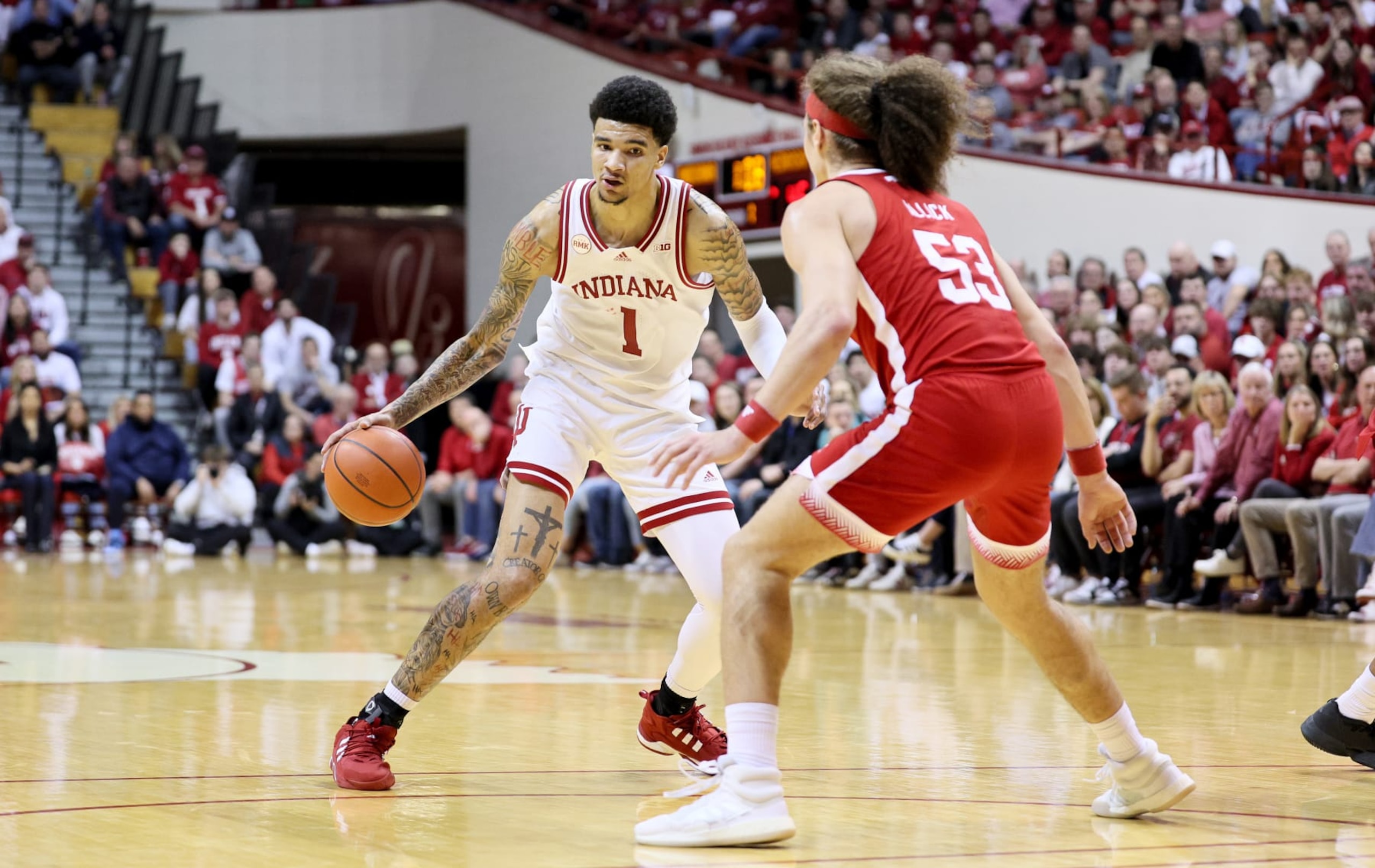 BLOOMINGTON, INDIANA - FEBRUARY 21:  Kel'el Ware #1 of the Indiana Hoosiers dribbles the ball in the first half against the Nebraska Cornhuskers at Simon Skjodt Assembly Hall on February 21, 2024 in Bloomington, Indiana. (Photo by Andy Lyons/Getty Images)