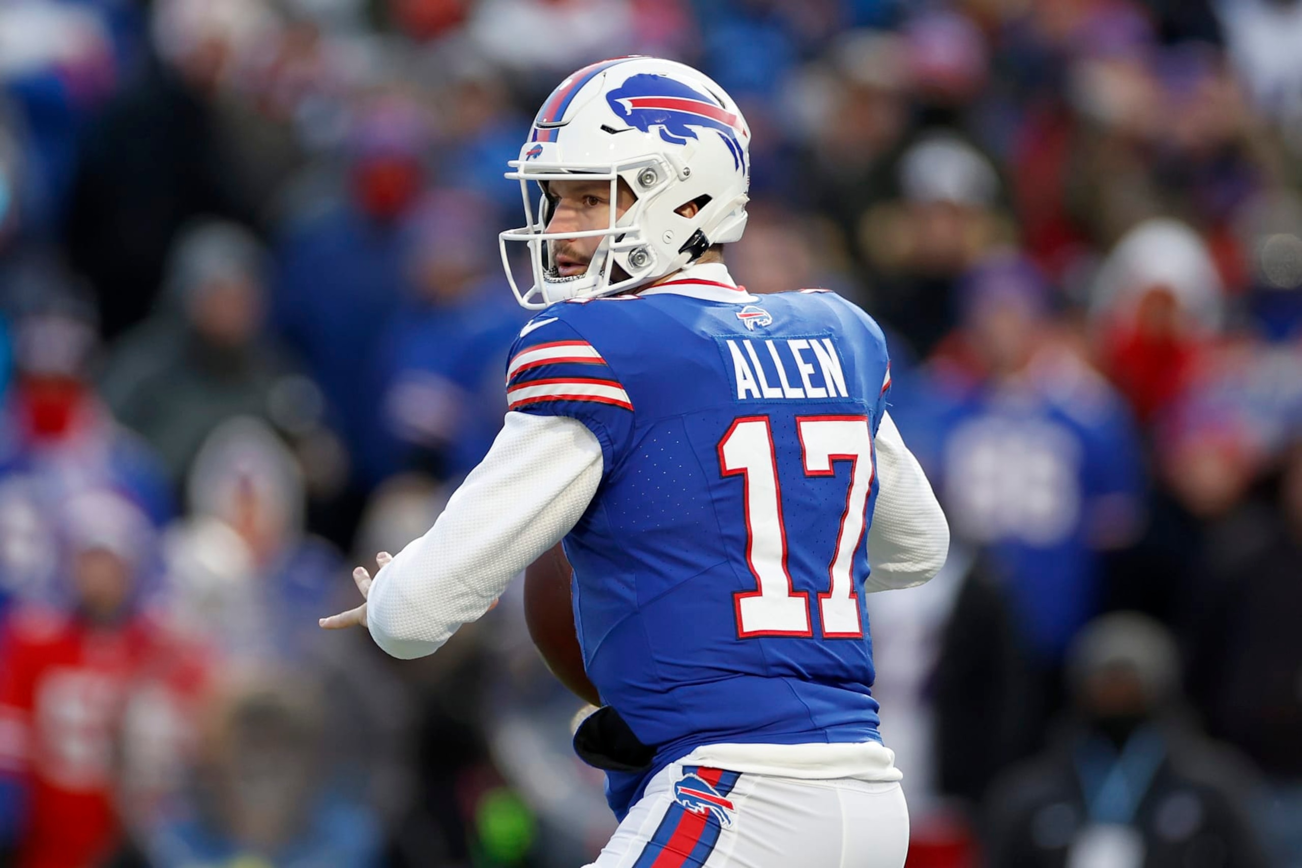 ORCHARD PARK, NEW YORK - JANUARY 15: Josh Allen #17 of the Buffalo Bills passes against the Pittsburgh Steelers during the first quarter at Highmark Stadium on January 15, 2024 in Orchard Park, New York. (Photo by Sarah Stier/Getty Images) ORCHARD PARK, NEW YORK - JANUARY 15: Josh Allen #17 of the Buffalo Bills passes against the Pittsburgh Steelers during the first quarter at Highmark Stadium on January 15, 2024 in Orchard Park, New York. (Photo by Sarah Stier/Getty Images)