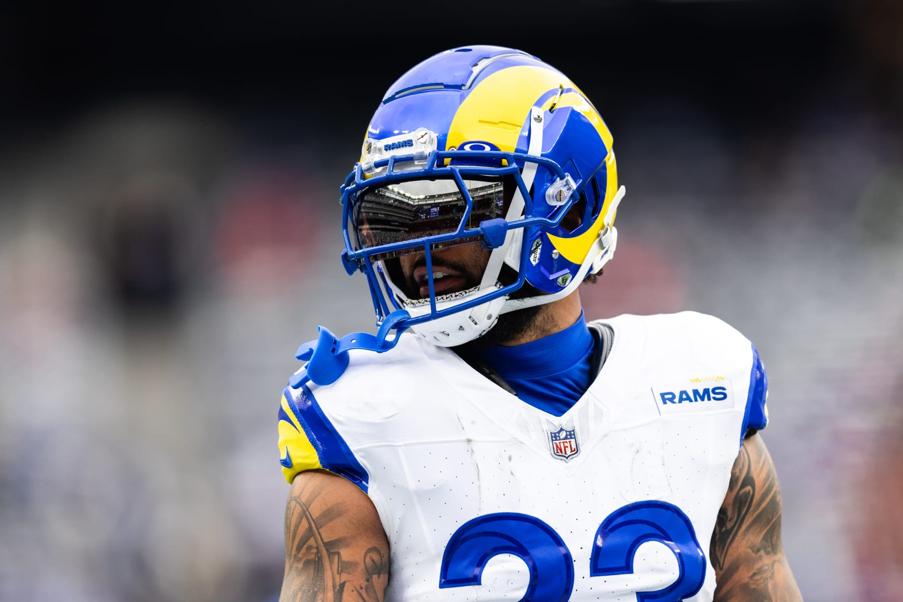 EAST RUTHERFORD, NEW JERSEY - DECEMBER 31: Kyren Williams #23 of the Los Angeles Rams warms up before the game against the New York Giants at MetLife Stadium on December 31, 2023 in East Rutherford, New Jersey. (Photo by Dustin Satloff/Getty Images)
