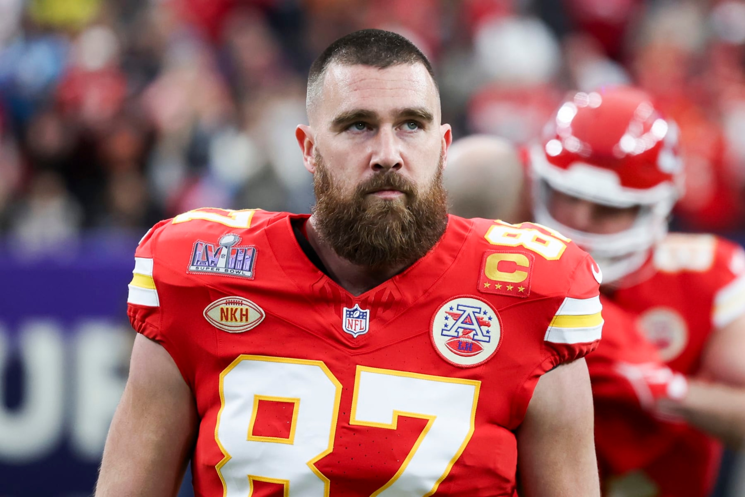 LAS VEGAS, NV - FEBRUARY 11: Travis Kelce #87 of the Kansas City Chiefs looks on prior to Super Bowl LVIII against the San Francisco 49ers at Allegiant Stadium on February 11, 2024 in Las Vegas, NV. (Photo by Perry Knotts/Getty Images) LAS VEGAS, NV - FEBRUARY 11: Travis Kelce #87 of the Kansas City Chiefs looks on prior to Super Bowl LVIII against the San Francisco 49ers at Allegiant Stadium on February 11, 2024 in Las Vegas, NV. (Photo by Perry Knotts/Getty Images)