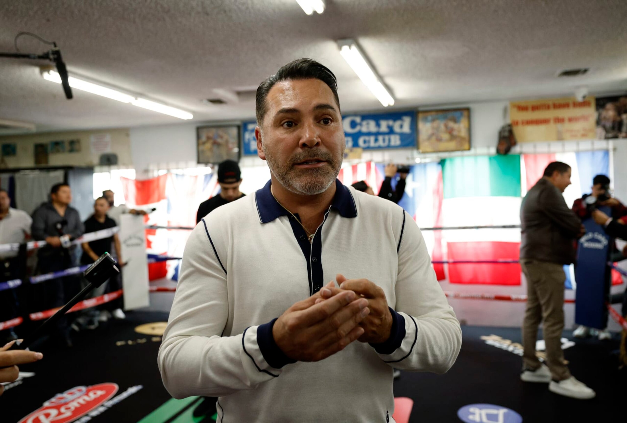 LOS ANGELES, CALIFORNIA - APRIL 23: Promoter Oscar De La Hoya speaks during a media workout of boxer Jaime Munguia at Wild Card Boxing Club on April 23, 2024 in Los Angeles, California. (Photo by Kevork Djansezian/Getty Images)