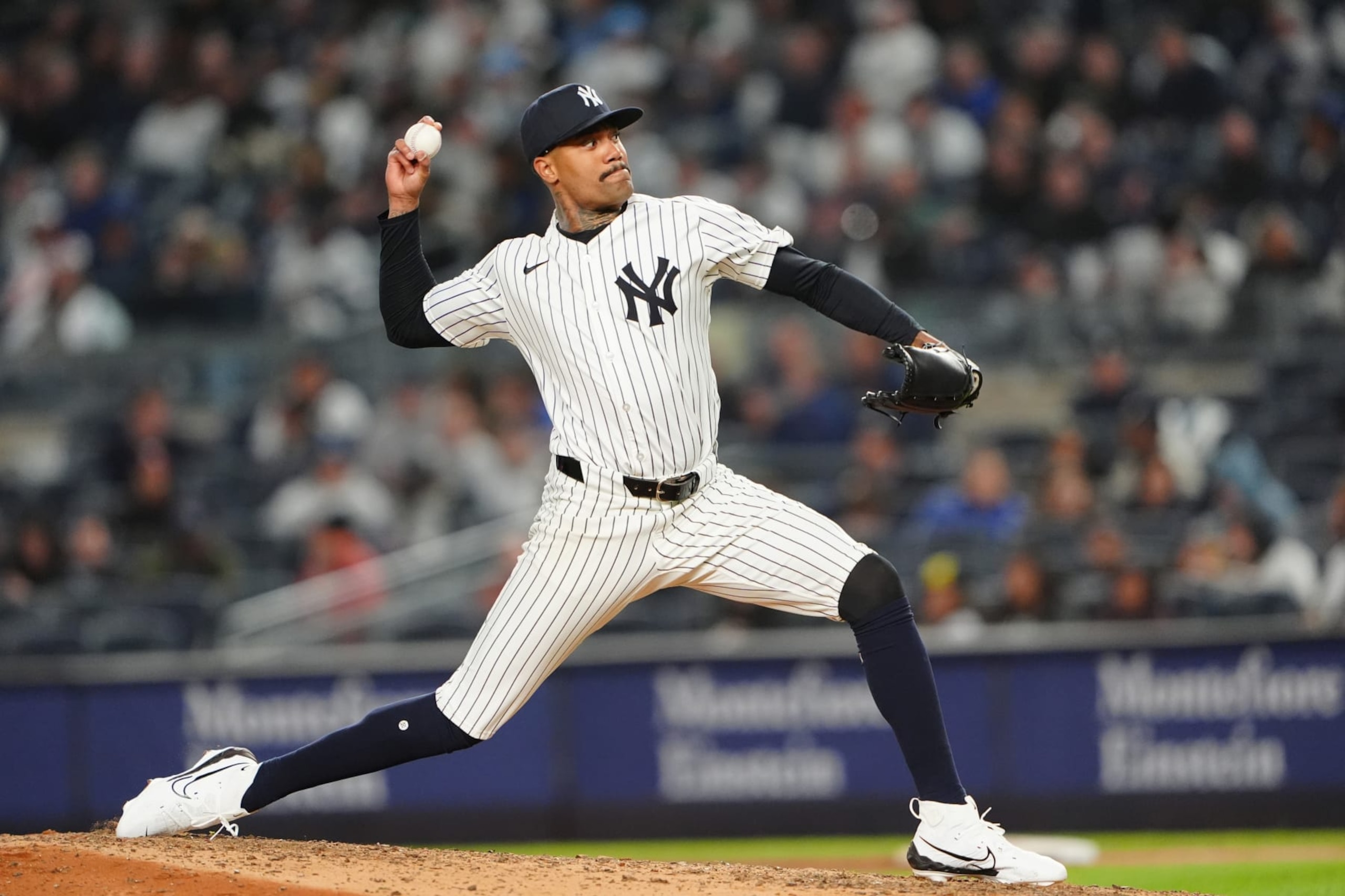 BRONX, NY - APRIL 23: New York Yankees Pitcher Dennis Santana (53) delivers a pitch during the eighth inning of the Major League Baseball game between the Oakland Athletics and the New York Yankees on April 23, 2024, at Yankee Stadium in Bronx, NY. (Photo by Gregory Fisher/Icon Sportswire via Getty Images)