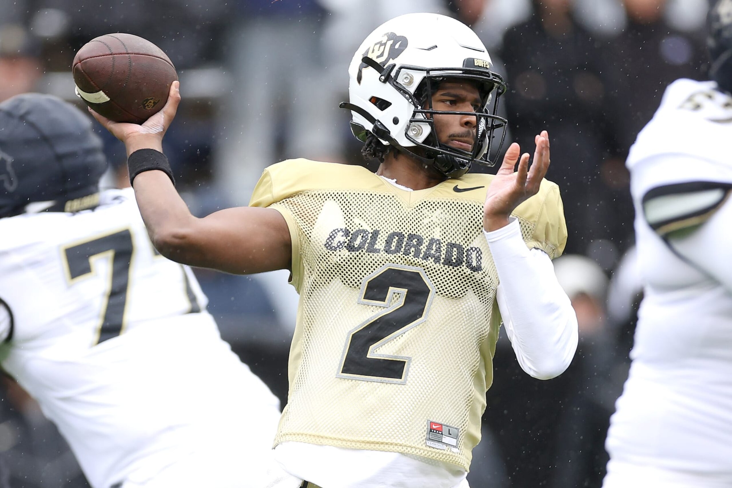 BOULDER, COLORADO - APRIL 27: Quarterback Shedeur Sanders #2 of the Colorado Buffaloes throws during their spring game at Folsom Field on April 27, 2024 in Boulder, Colorado. (Photo by Matthew Stockman/Getty Images) BOULDER, COLORADO - APRIL 27: Quarterback Shedeur Sanders #2 of the Colorado Buffaloes throws during their spring game at Folsom Field on April 27, 2024 in Boulder, Colorado. (Photo by Matthew Stockman/Getty Images)