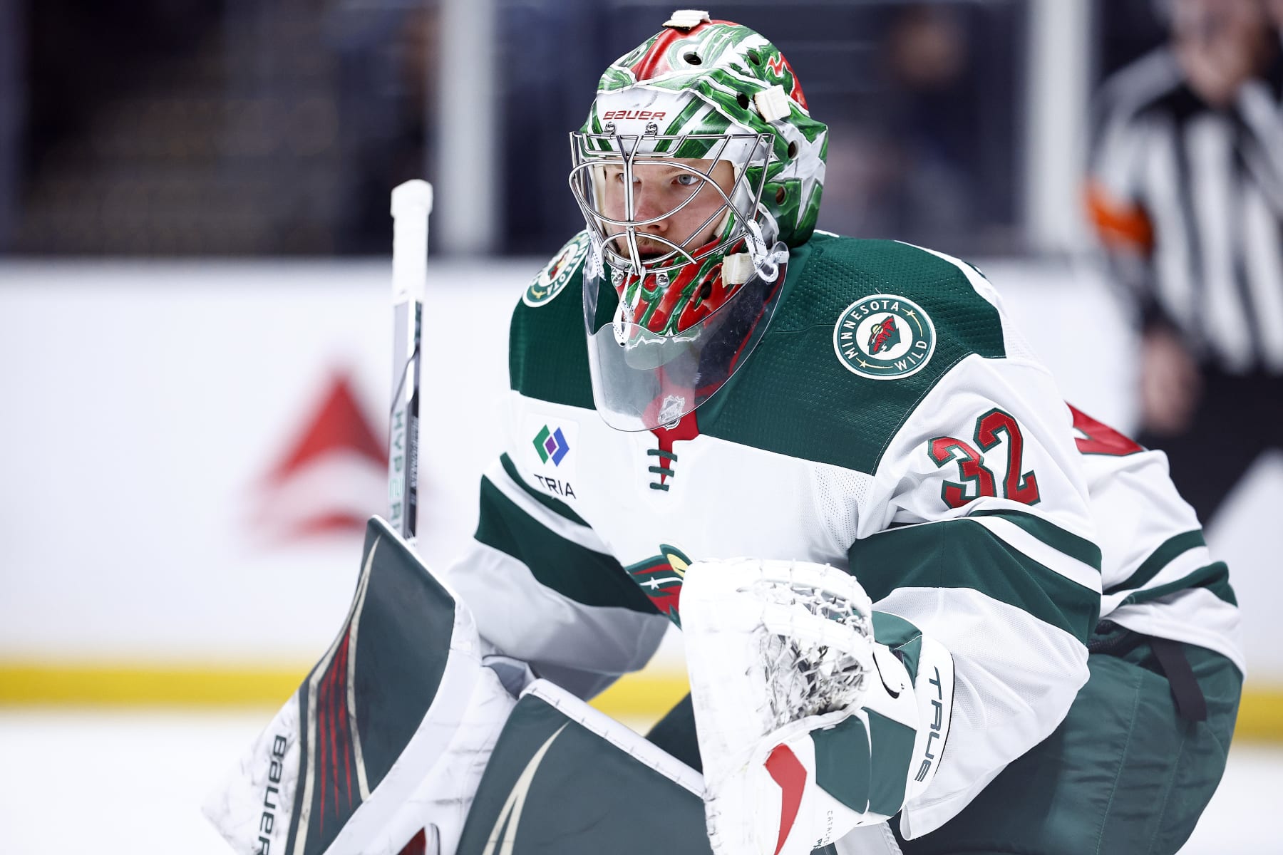 LOS ANGELES, CALIFORNIA - APRIL 15:  Filip Gustavsson #32 of the Minnesota Wild in the second period at Crypto.com Arena on April 15, 2024 in Los Angeles, California. (Photo by Ronald Martinez/Getty Images)