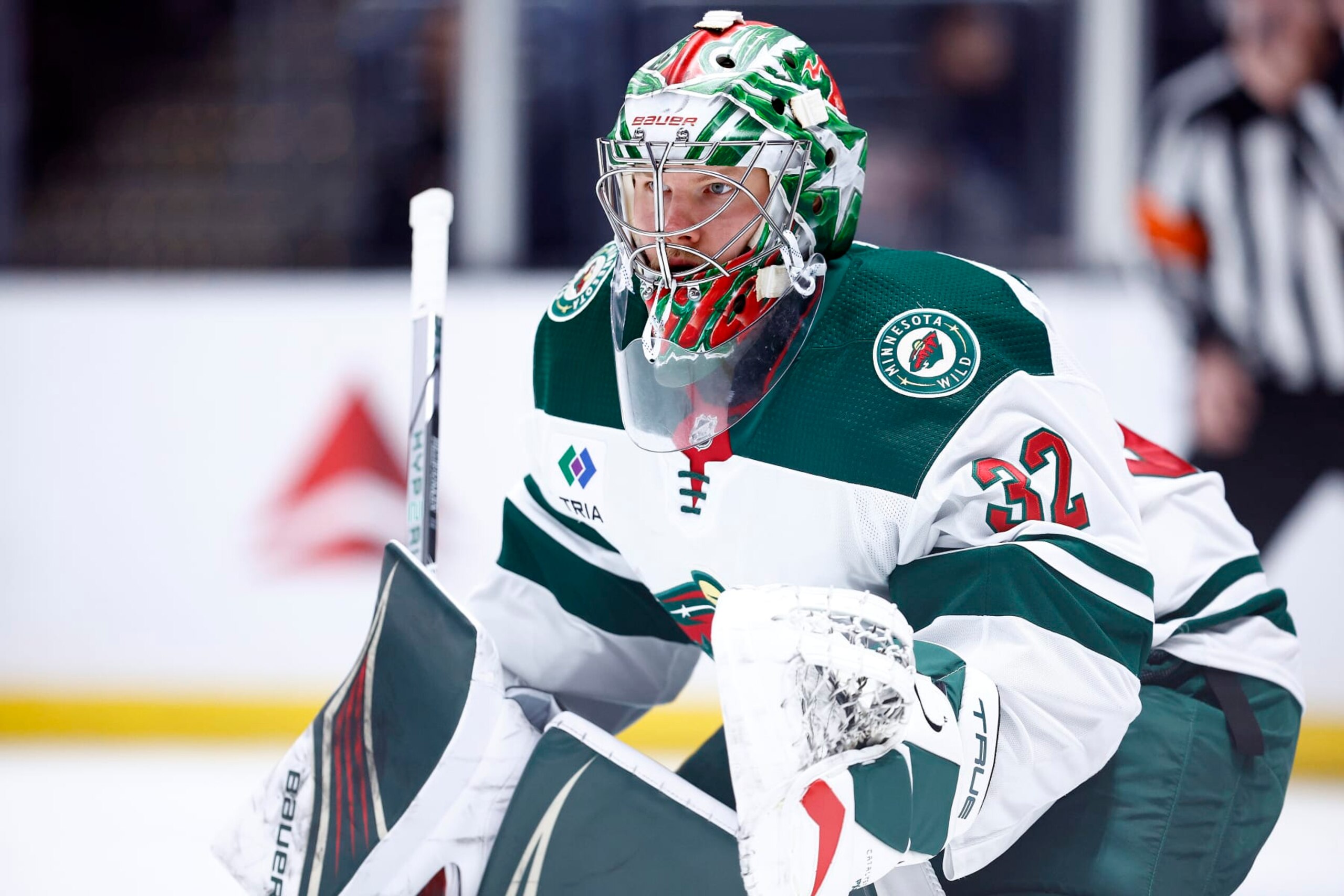 LOS ANGELES, CALIFORNIA - APRIL 15:  Filip Gustavsson #32 of the Minnesota Wild in the second period at Crypto.com Arena on April 15, 2024 in Los Angeles, California. (Photo by Ronald Martinez/Getty Images)