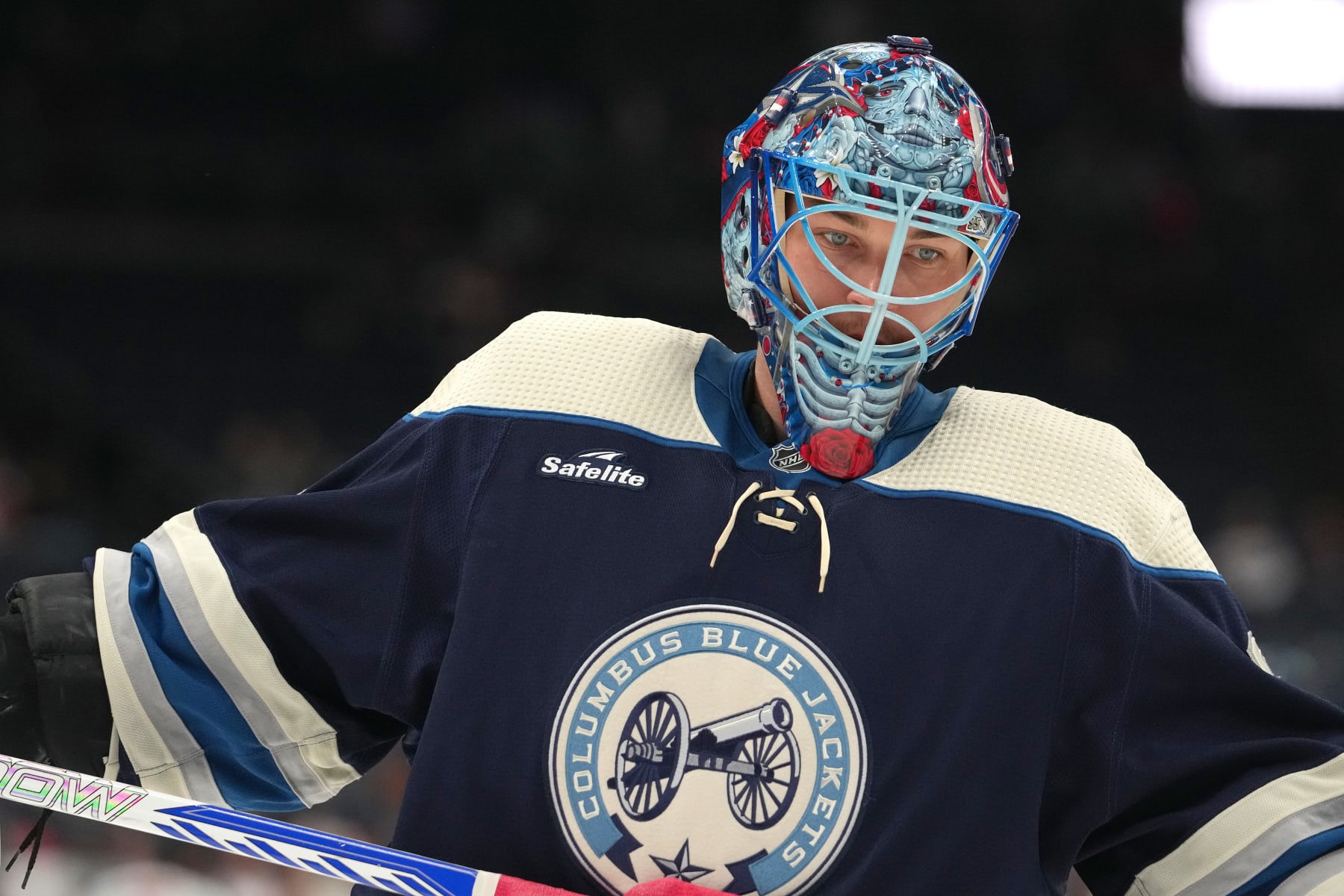 COLUMBUS, OHIO - APRIL 16: Elvis Merzlikins #90 of the Columbus Blue Jackets warms up prior to a game against the Carolina Hurricanes at Nationwide Arena on April 16, 2024 in Columbus, Ohio. (Photo by Jason Mowry/Getty Images)