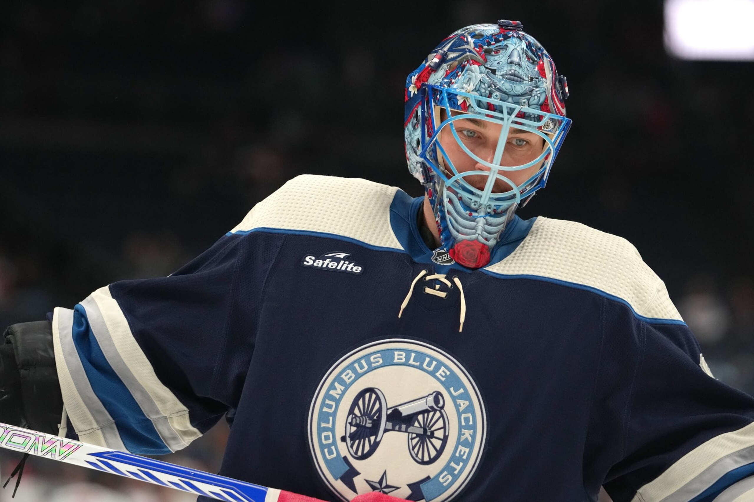 COLUMBUS, OHIO - APRIL 16: Elvis Merzlikins #90 of the Columbus Blue Jackets warms up prior to a game against the Carolina Hurricanes at Nationwide Arena on April 16, 2024 in Columbus, Ohio. (Photo by Jason Mowry/Getty Images)