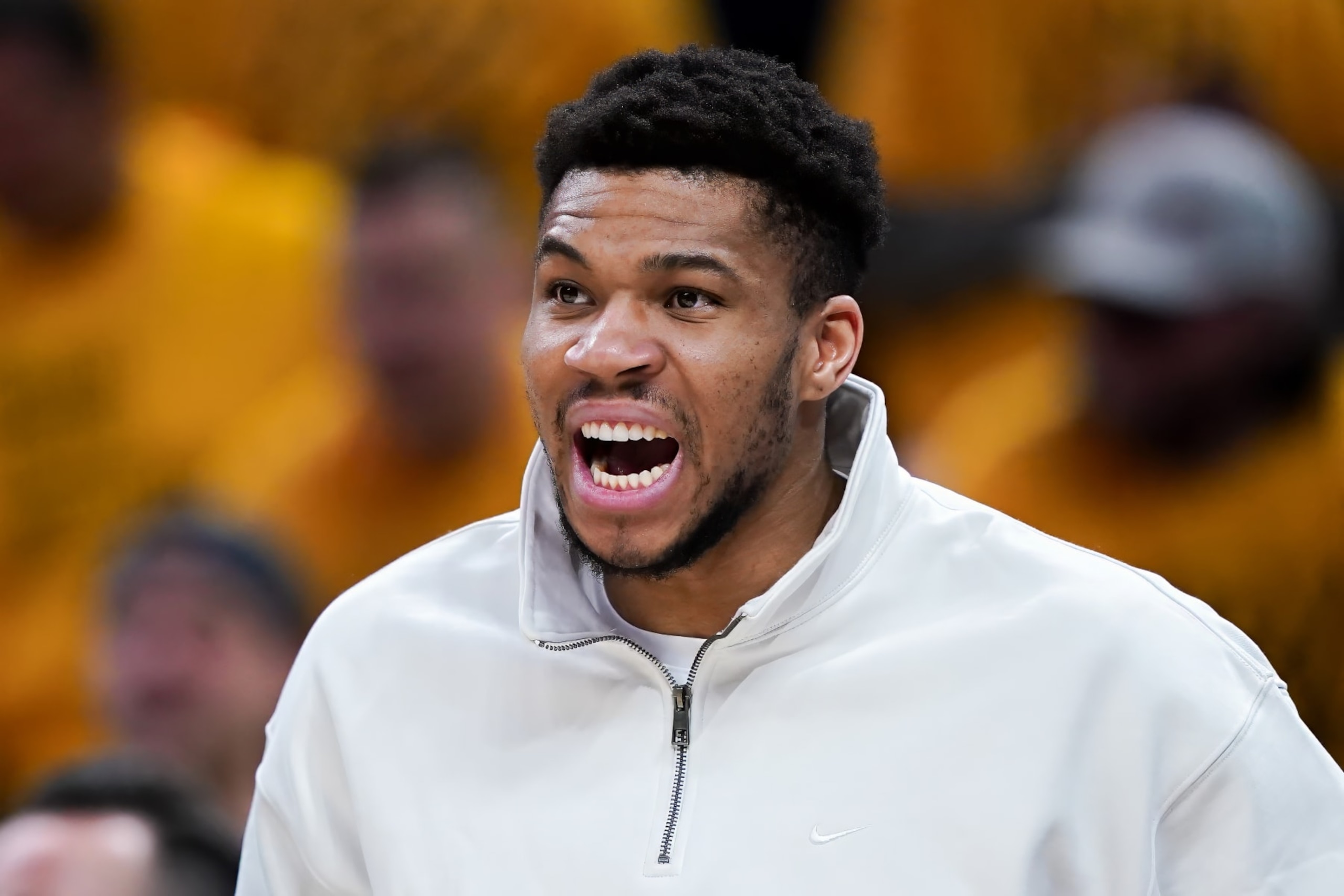INDIANAPOLIS, INDIANA - APRIL 26: Giannis Antetokounmpo #34 of the Milwaukee Bucks calls out instructions from the bench in the fourth quarter against the Indiana Pacers during game three of the Eastern Conference First Round Playoffs at Gainbridge Fieldhouse on April 26, 2024 in Indianapolis, Indiana. NOTE TO USER: User expressly acknowledges and agrees that, by downloading and or using this photograph, User is consenting to the terms and conditions of the Getty Images License Agreement. (Photo by Dylan Buell/Getty Images)