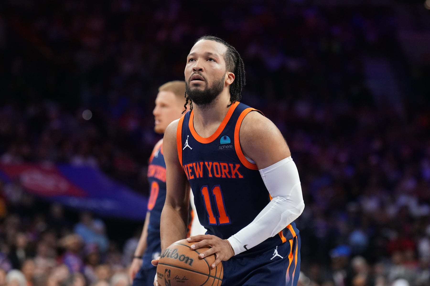 PHILADELPHIA, PA - APRIL 28: Jalen Brunson #11 of the New York Knicks shoots a free throw during the game against the Philadelphia 76ers during Round 1 Game 4 of the 2024 NBA Playoffs on April 28, 2024 at the Wells Fargo Center in Philadelphia, Pennsylvania NOTE TO USER: User expressly acknowledges and agrees that, by downloading and/or using this Photograph, user is consenting to the terms and conditions of the Getty Images License Agreement. Mandatory Copyright Notice: Copyright 2024 NBAE (Photo by Jesse D. Garrabrant/NBAE via Getty Images)