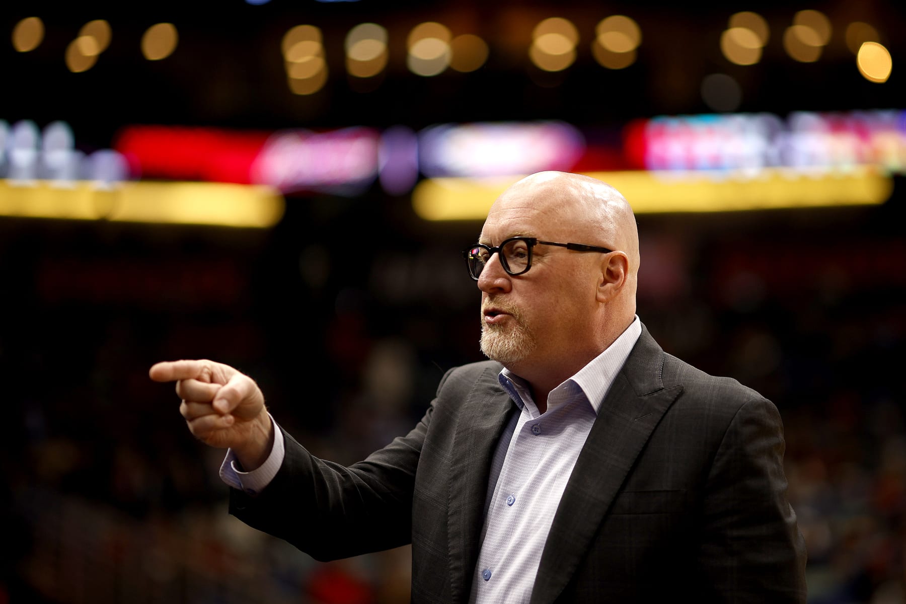 NEW ORLEANS, LOUISIANA - APRIL 05: New Orleans Executive Vice President of Basketball Operations Pelicans David Griffin stands on the court prior to the start of an NBA game against the Memphis Grizzlies at Smoothie King Center on April 05, 2023 in New Orleans, Louisiana. NOTE TO USER: User expressly acknowledges and agrees that, by downloading and or using this photograph, User is consenting to the terms and conditions of the Getty Images License Agreement. (Photo by Sean Gardner/Getty Images)