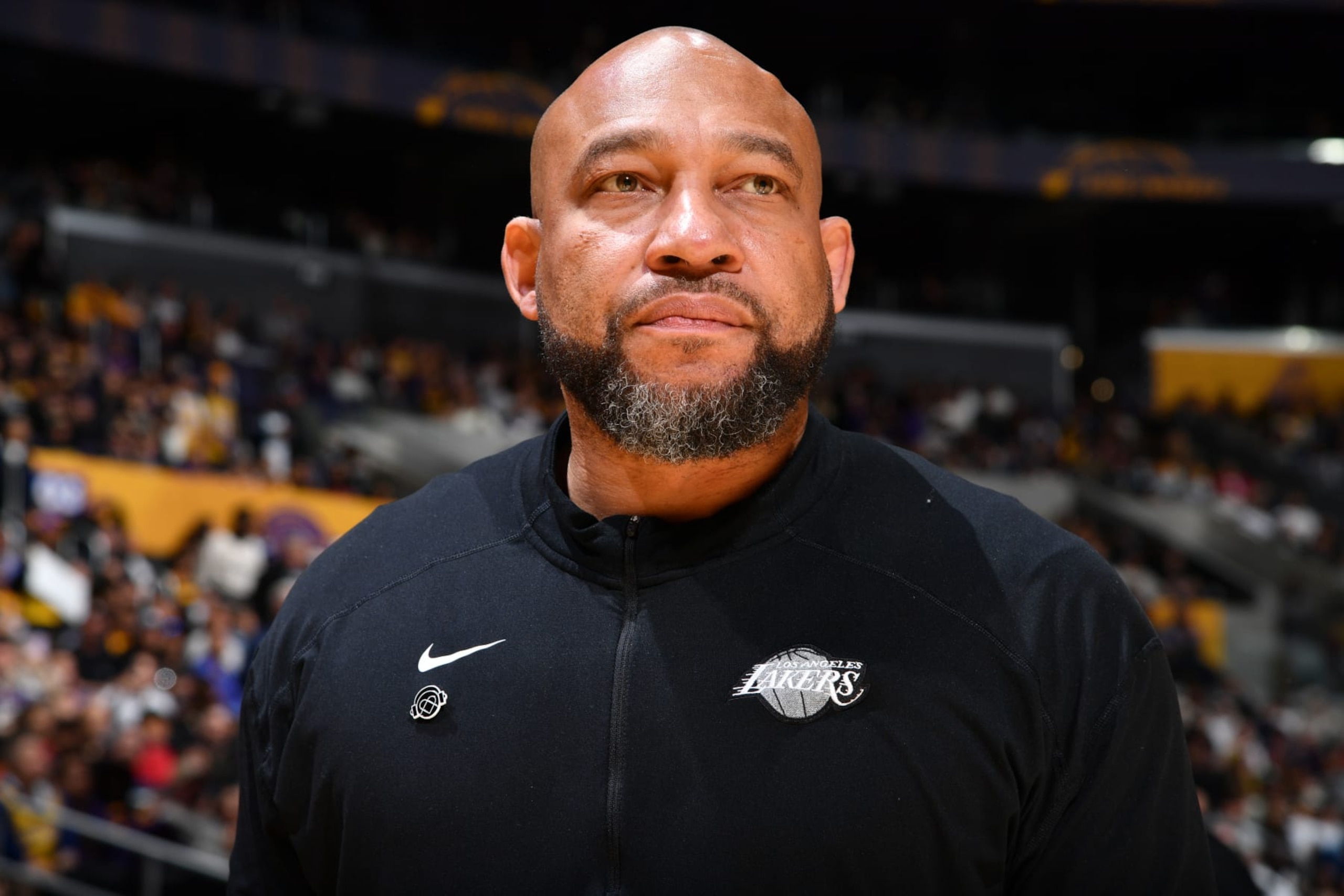LOS ANGELES, CA - APRIL 7: Head Coach Darvin Ham of the Los Angeles Lakers looks on during the game against the Minnesota Timberwolves on April 7, 2024 at Crypto.Com Arena in Los Angeles, California. NOTE TO USER: User expressly acknowledges and agrees that, by downloading and/or using this Photograph, user is consenting to the terms and conditions of the Getty Images License Agreement. Mandatory Copyright Notice: Copyright 2024 NBAE (Photo by Juan Ocampo/NBAE via Getty Images)