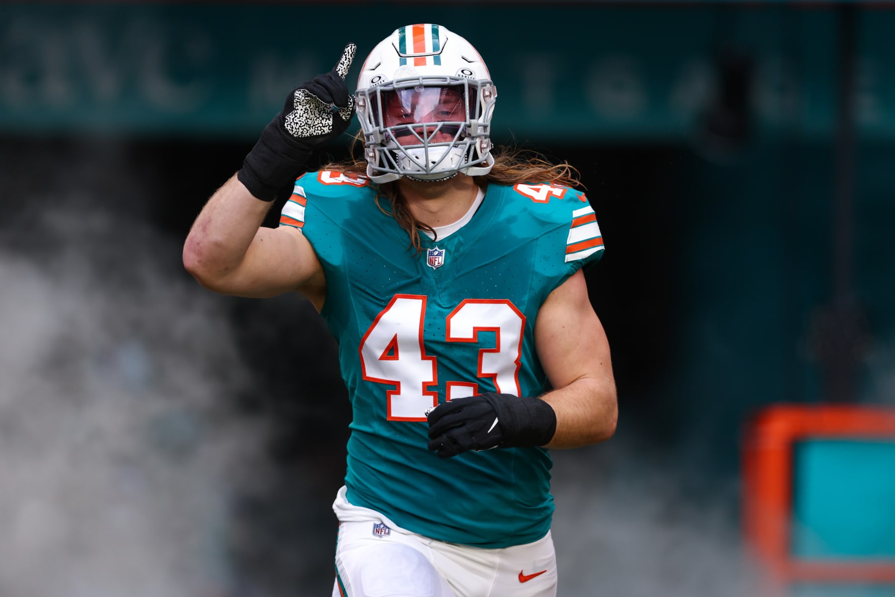 MIAMI GARDENS, FLORIDA - DECEMBER 24: Andrew Van Ginkel #43 of the Miami Dolphins takes the field prior to a game against the Dallas Cowboys at Hard Rock Stadium on December 24, 2023 in Miami Gardens, Florida. (Photo by Megan Briggs/Getty Images)