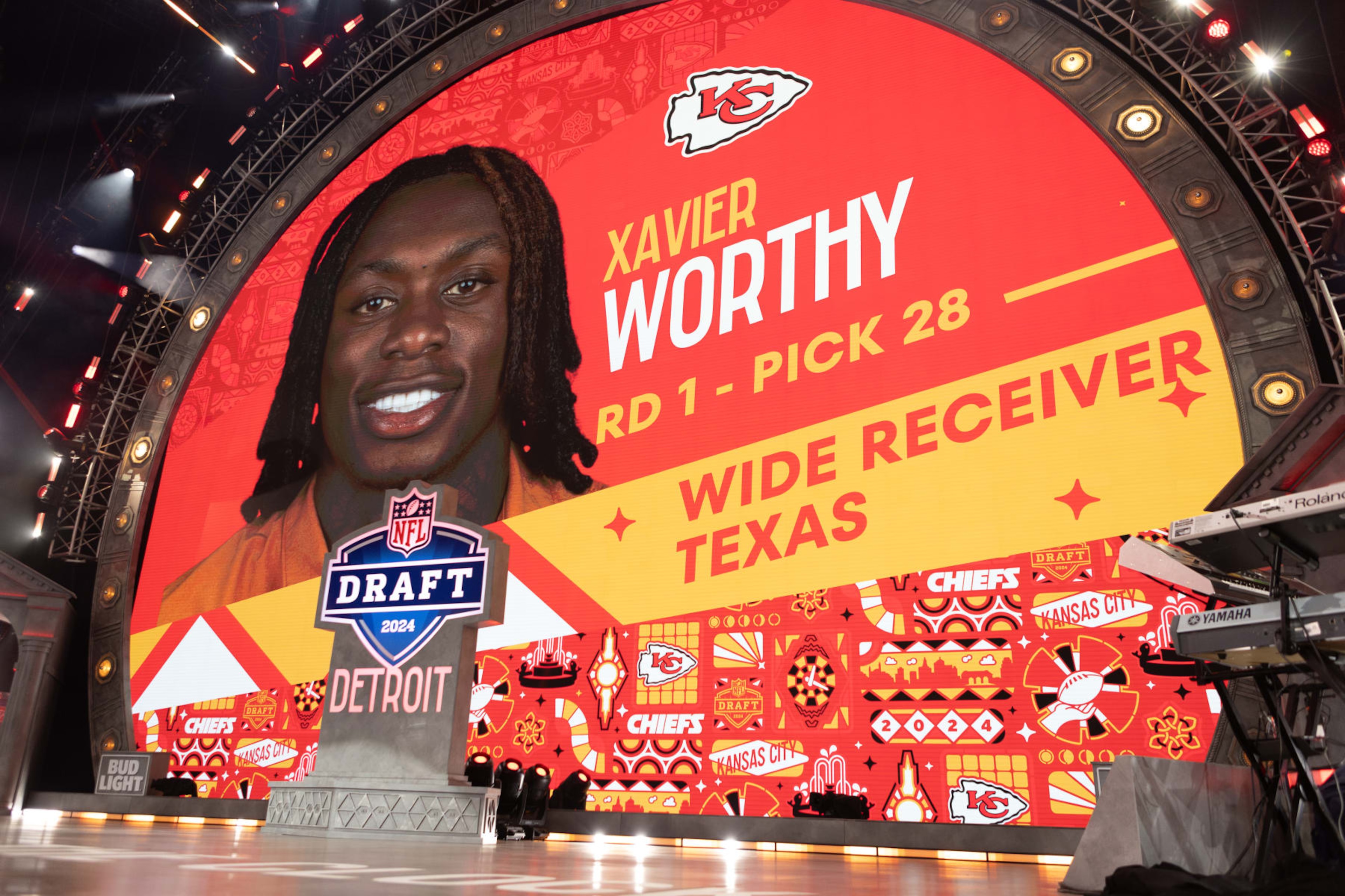 DETROIT, MI - APRIL 25: The Kansas City Chiefs select Texas Wide Receiver Xavier Worthy 28th overall during Day 1 of the NFL Draft on April 25, 2024 at Campus Martius Park and Hart Plaza in Detroit, MI. (Photo by John Smolek/Icon Sportswire via Getty Images) DETROIT, MI - APRIL 25: The Kansas City Chiefs select Texas Wide Receiver Xavier Worthy 28th overall during Day 1 of the NFL Draft on April 25, 2024 at Campus Martius Park and Hart Plaza in Detroit, MI. (Photo by John Smolek/Icon Sportswire via Getty Images)