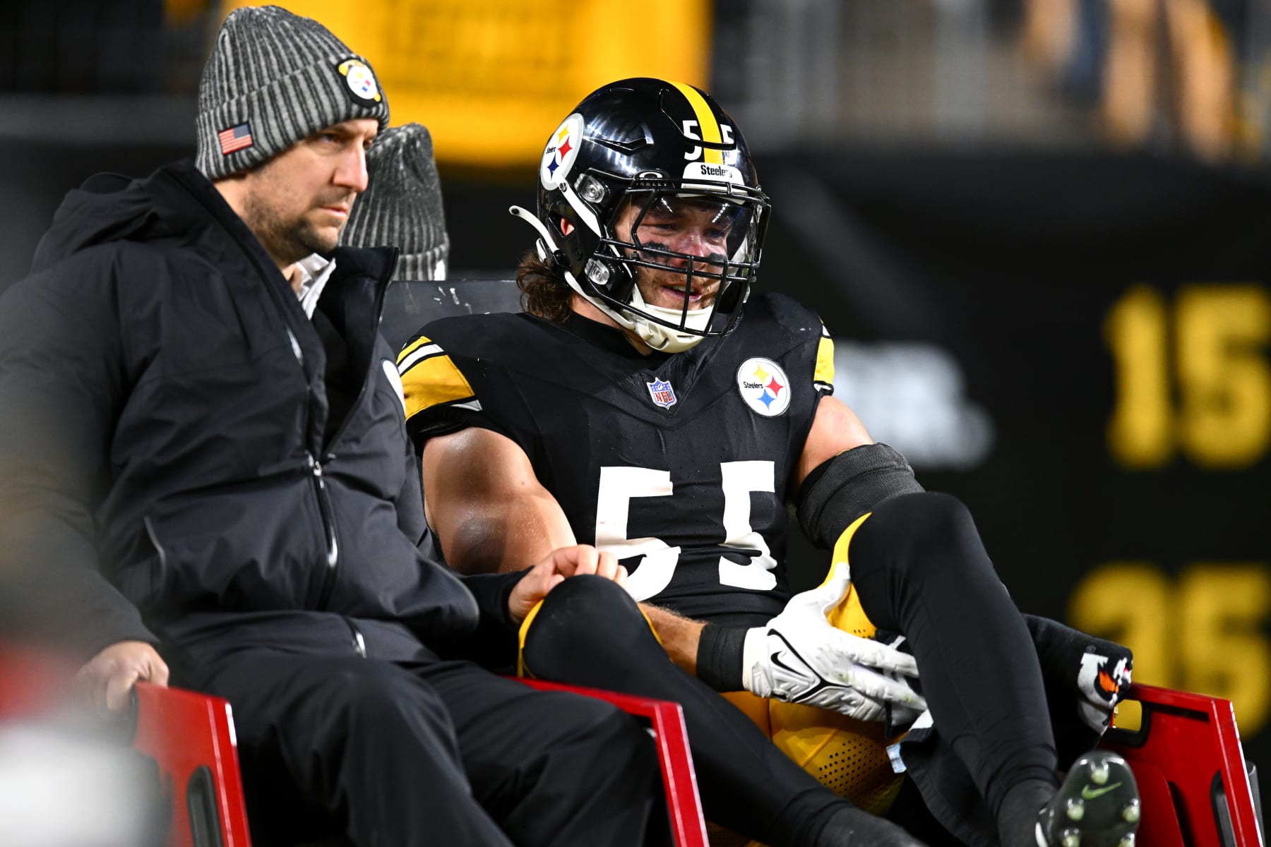 PITTSBURGH, PENNSYLVANIA - NOVEMBER 02: Cole Holcomb #55 of the Pittsburgh Steelers is carted off the field with an injury in the first quarter against the Tennessee Titans at Acrisure Stadium on November 02, 2023 in Pittsburgh, Pennsylvania. (Photo by Joe Sargent/Getty Images)