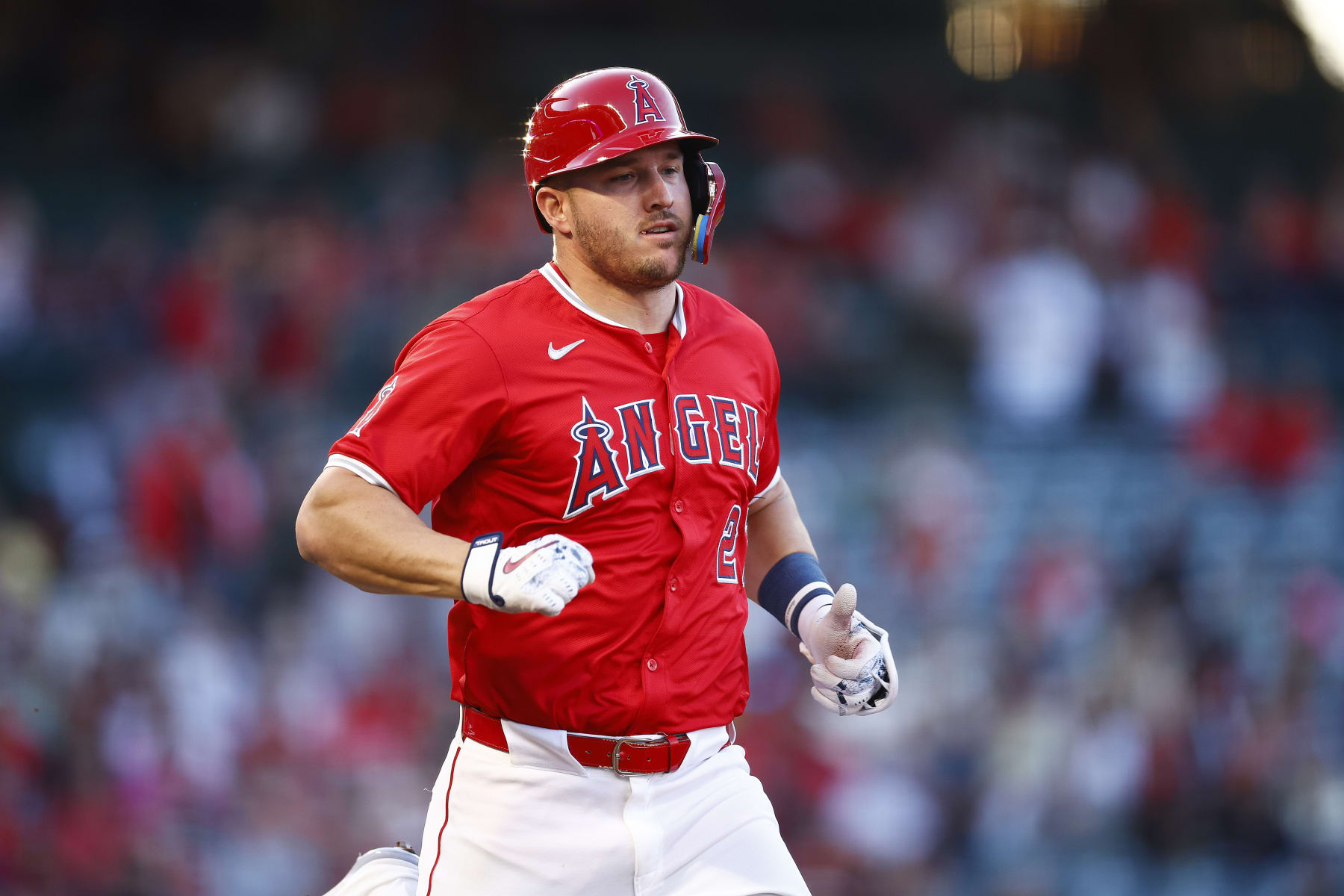 ANAHEIM, CALIFORNIA - APRIL 29:  Mike Trout #27 of the Los Angeles Angels in the second inning at Angel Stadium of Anaheim on April 29, 2024 in Anaheim, California. (Photo by Ronald Martinez/Getty Images)