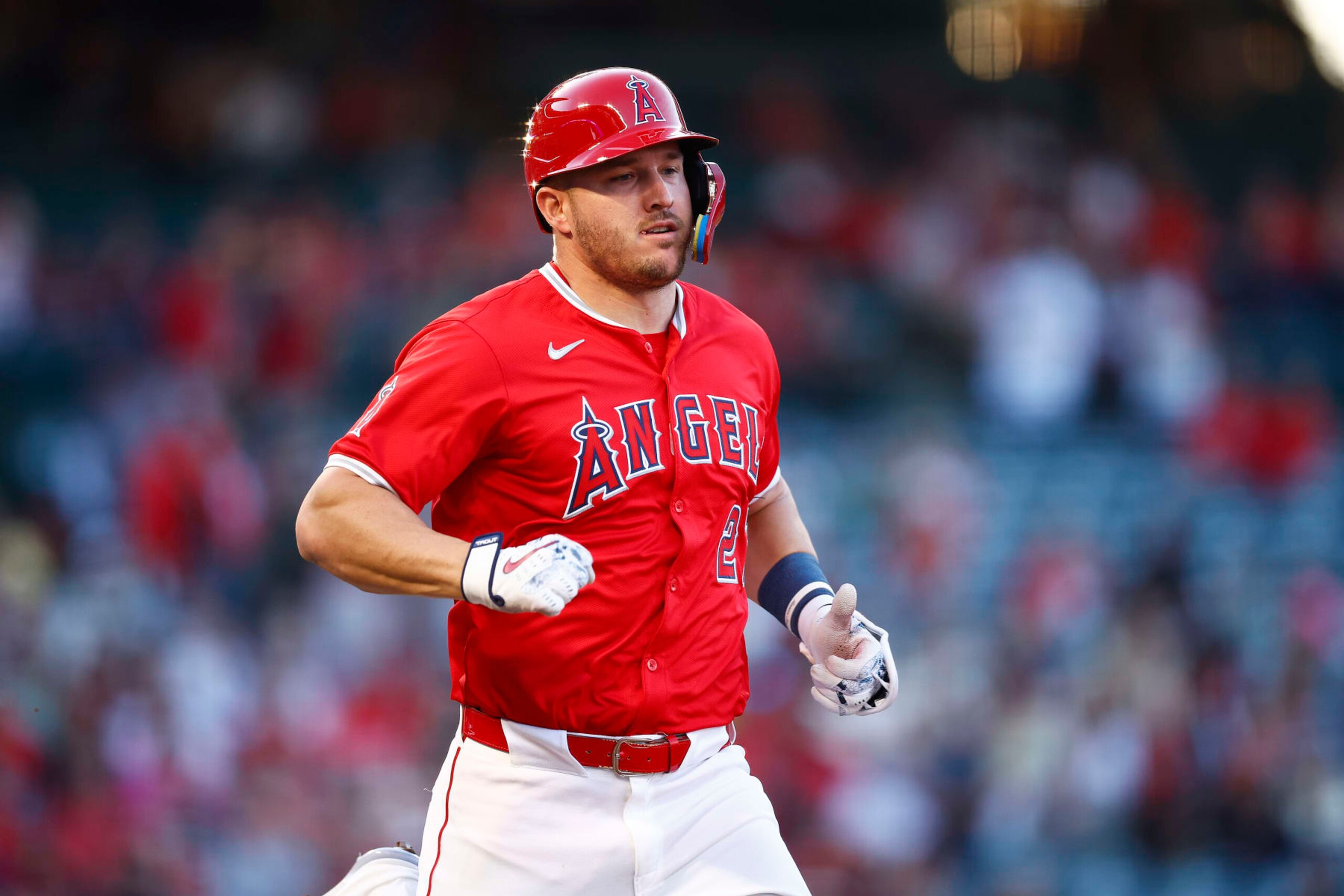 ANAHEIM, CALIFORNIA - APRIL 29:  Mike Trout #27 of the Los Angeles Angels in the second inning at Angel Stadium of Anaheim on April 29, 2024 in Anaheim, California. (Photo by Ronald Martinez/Getty Images)