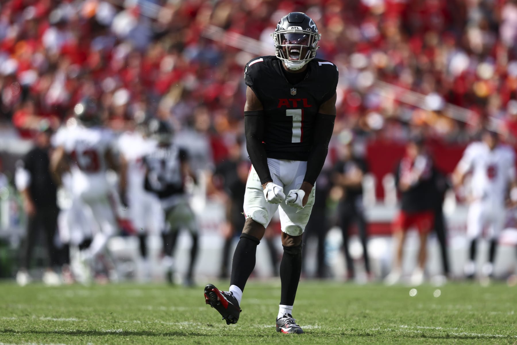 TAMPA, FL - OCTOBER 22: Jeff Okudah #1 of the Atlanta Falcons celebrates after a play during the fourth quarter of an NFL football game against the Tampa Bay Buccaneers at Raymond James Stadium on October 22, 2023 in Tampa, Florida. (Photo by Kevin Sabitus/Getty Images)