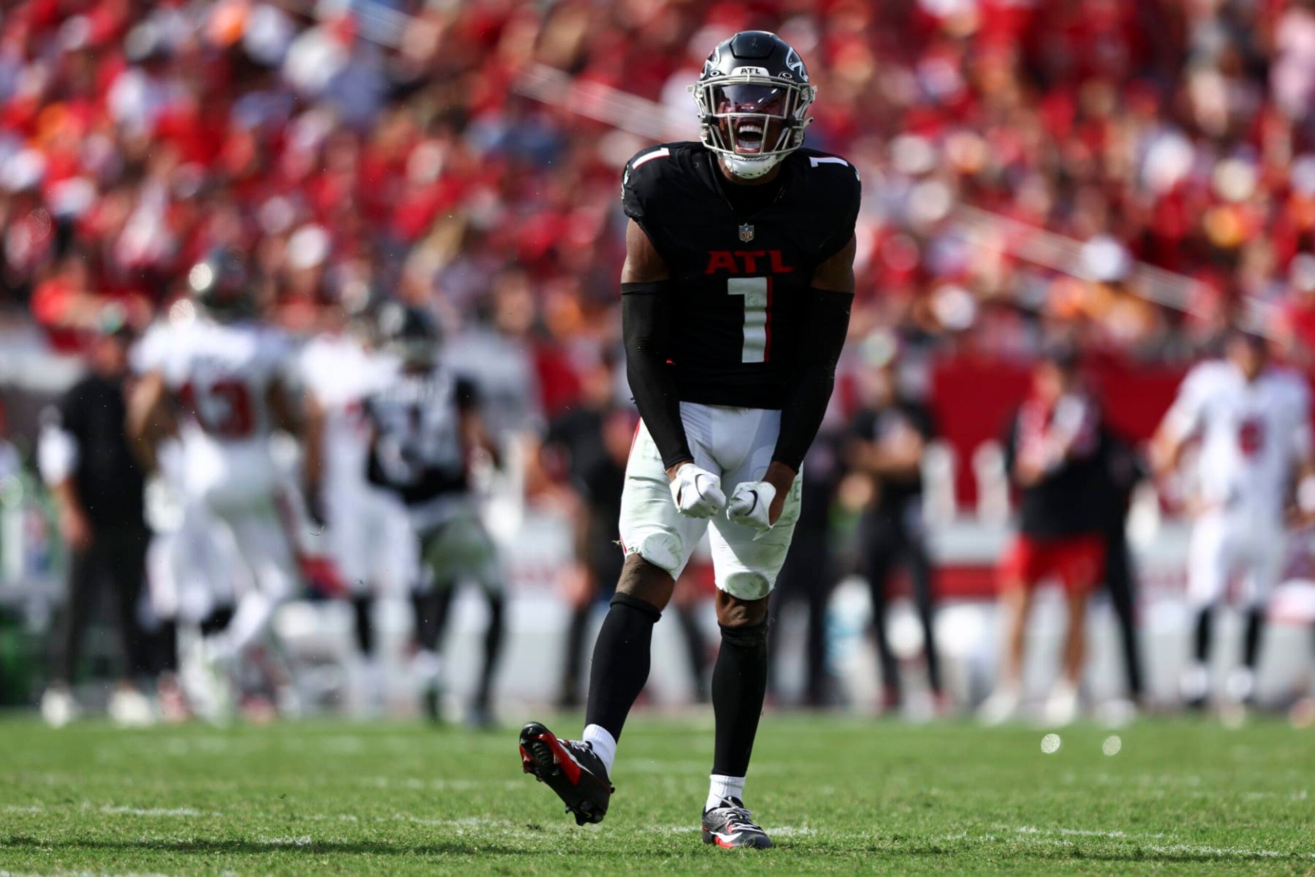 TAMPA, FL - OCTOBER 22: Jeff Okudah #1 of the Atlanta Falcons celebrates after a play during the fourth quarter of an NFL football game against the Tampa Bay Buccaneers at Raymond James Stadium on October 22, 2023 in Tampa, Florida. (Photo by Kevin Sabitus/Getty Images) TAMPA, FL - OCTOBER 22: Jeff Okudah #1 of the Atlanta Falcons celebrates after a play during the fourth quarter of an NFL football game against the Tampa Bay Buccaneers at Raymond James Stadium on October 22, 2023 in Tampa, Florida. (Photo by Kevin Sabitus/Getty Images)