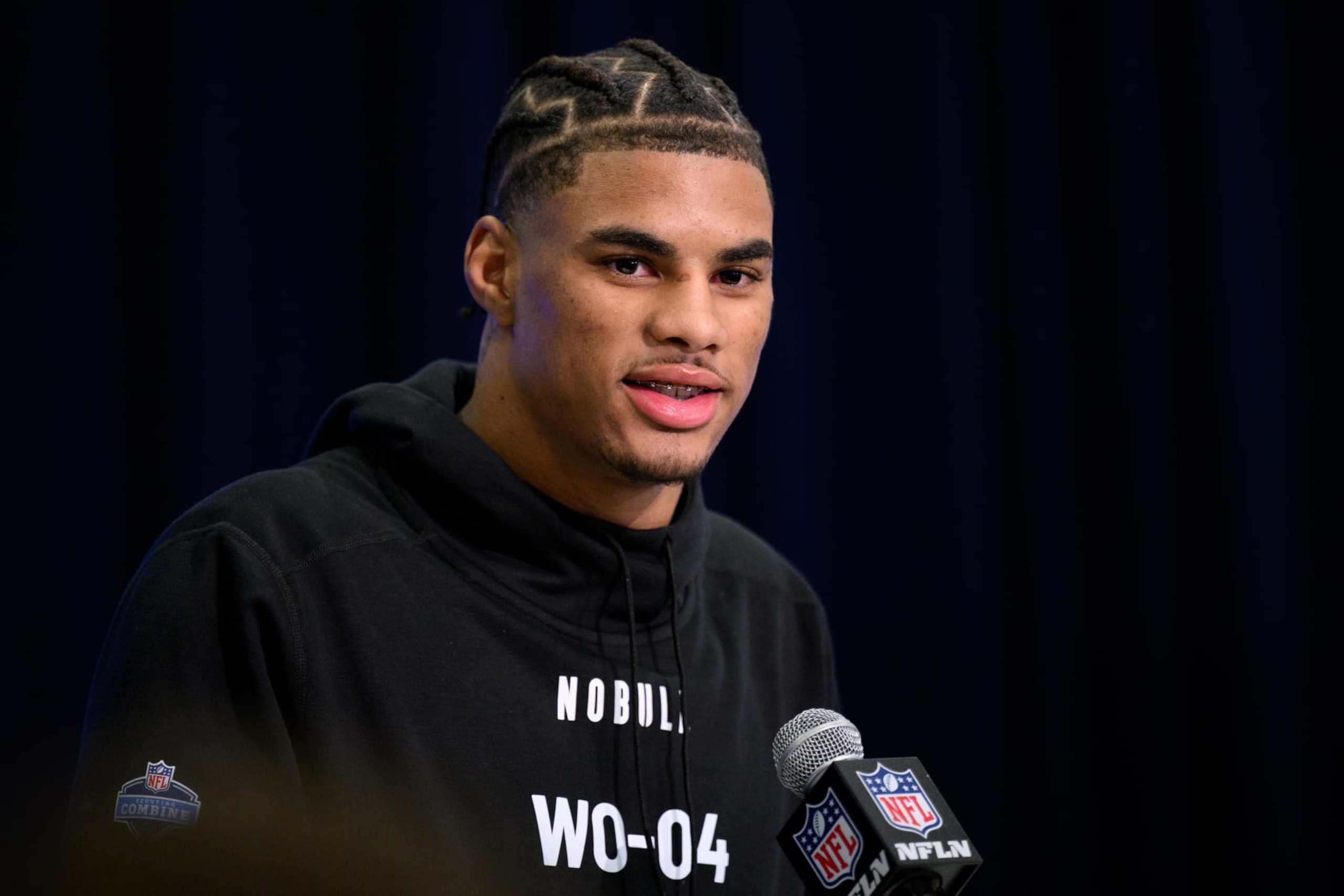 INDIANAPOLIS, IN - MARCH 01: Florida State wide receiver Keon Coleman answers questions from the media during the NFL Scouting Combine on March 1, 2024, at the Indiana Convention Center in Indianapolis, IN. (Photo by Zach Bolinger/Icon Sportswire via Getty Images)