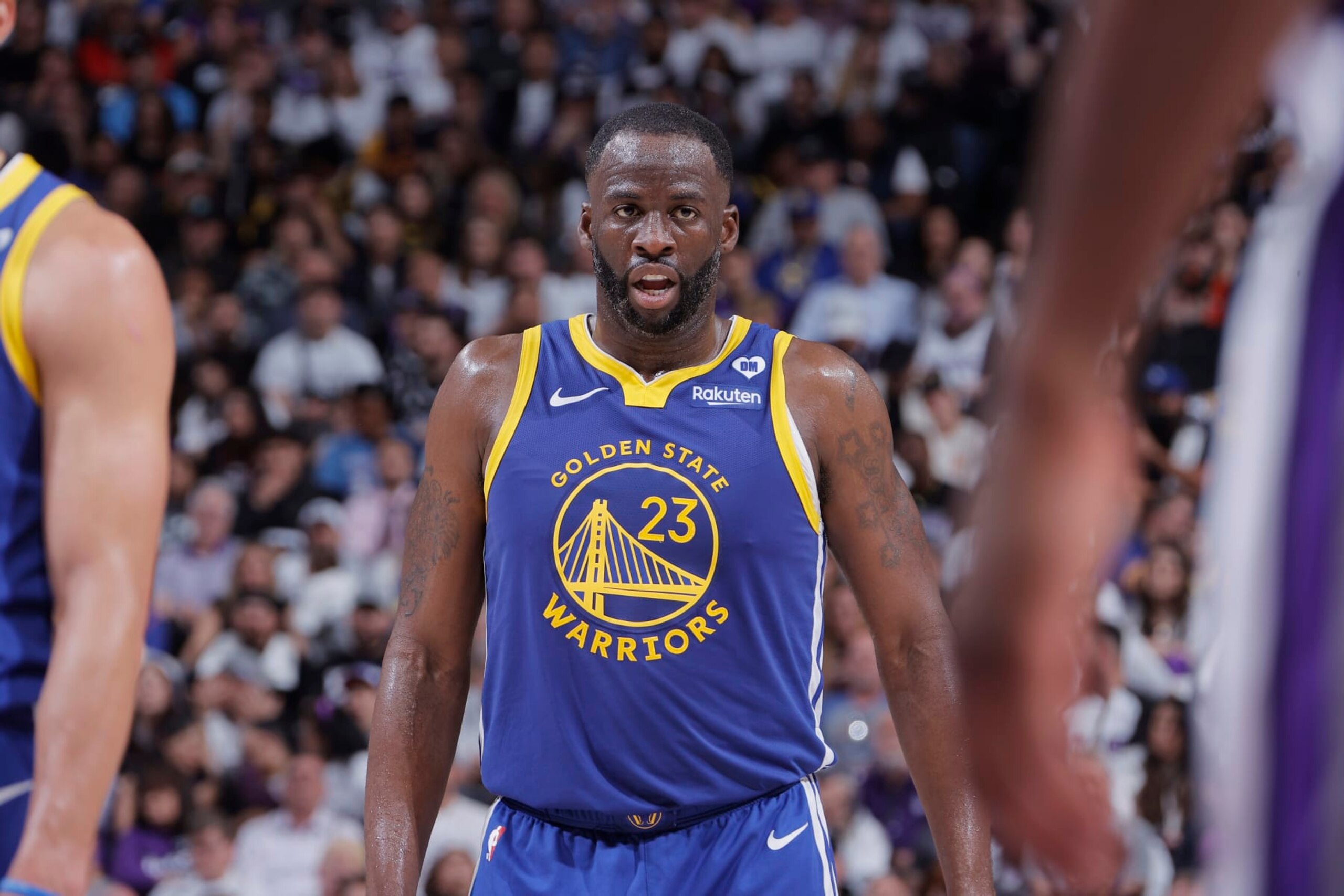 SACRAMENTO, CA - APRIL 16: Draymond Green #23 of the Golden State Warriors looks on during the game against the Sacramento Kings during the 2024 Play-In Tournament on April 16, 2024 at Golden 1 Center in Sacramento, California. NOTE TO USER: User expressly acknowledges and agrees that, by downloading and or using this photograph, User is consenting to the terms and conditions of the Getty Images Agreement. Mandatory Copyright Notice: Copyright 2024 NBAE (Photo by Rocky Widner/NBAE via Getty Images)