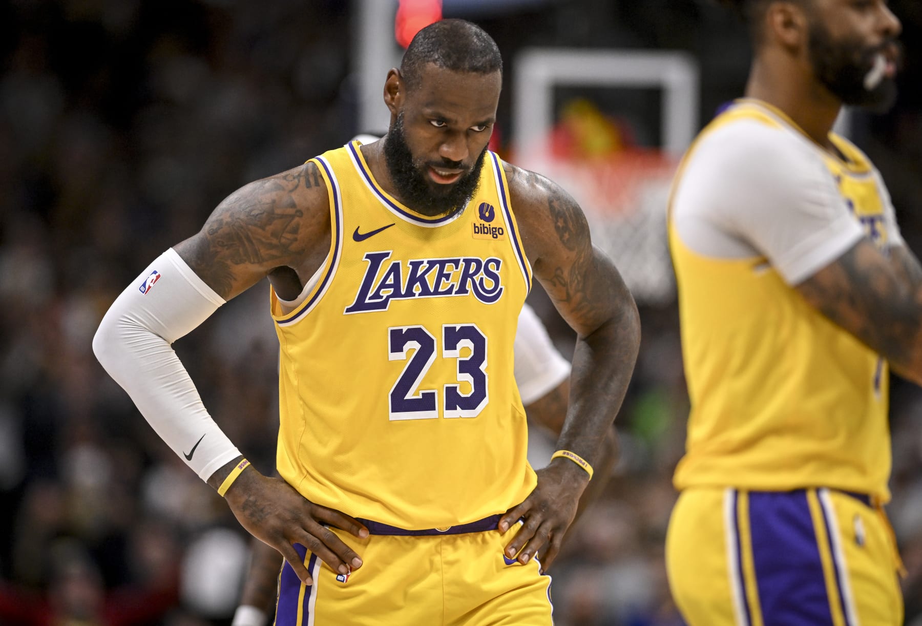 DENVER, CO - APRIL 29: LeBron James (23) of the Los Angeles Lakers reacts to a turnover during the fourth quarter of the Denver Nuggets' 108-106 win at Ball Arena in Denver, Colorado on Monday, April 29, 2024. The Nuggets eliminated the Lakers from the playoffs for the second straight year by way of a 4-1 series victory. (Photo by AAron Ontiveroz/The Denver Post)