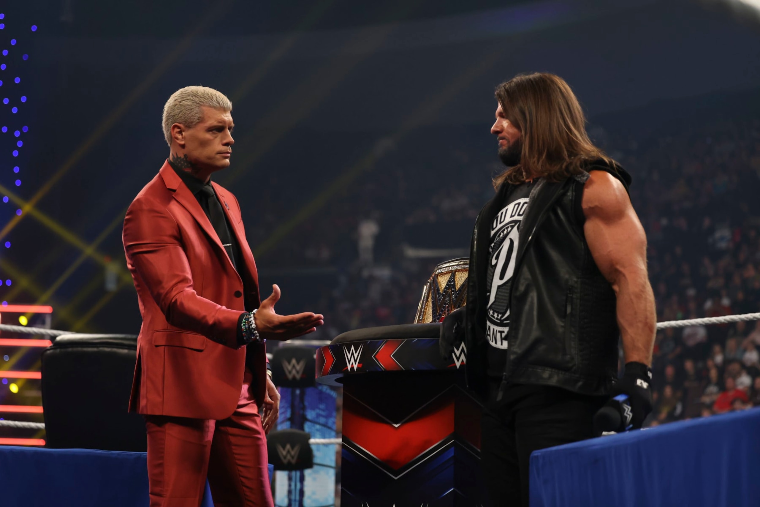 CINCINNATI, OHIO - APRIL 26: Cody Rhodes and AJ styles shake hands at Heritage Bank Center on April 26, 2024 in Cincinnati, Ohio.  (Photo by WWE/Getty Images)