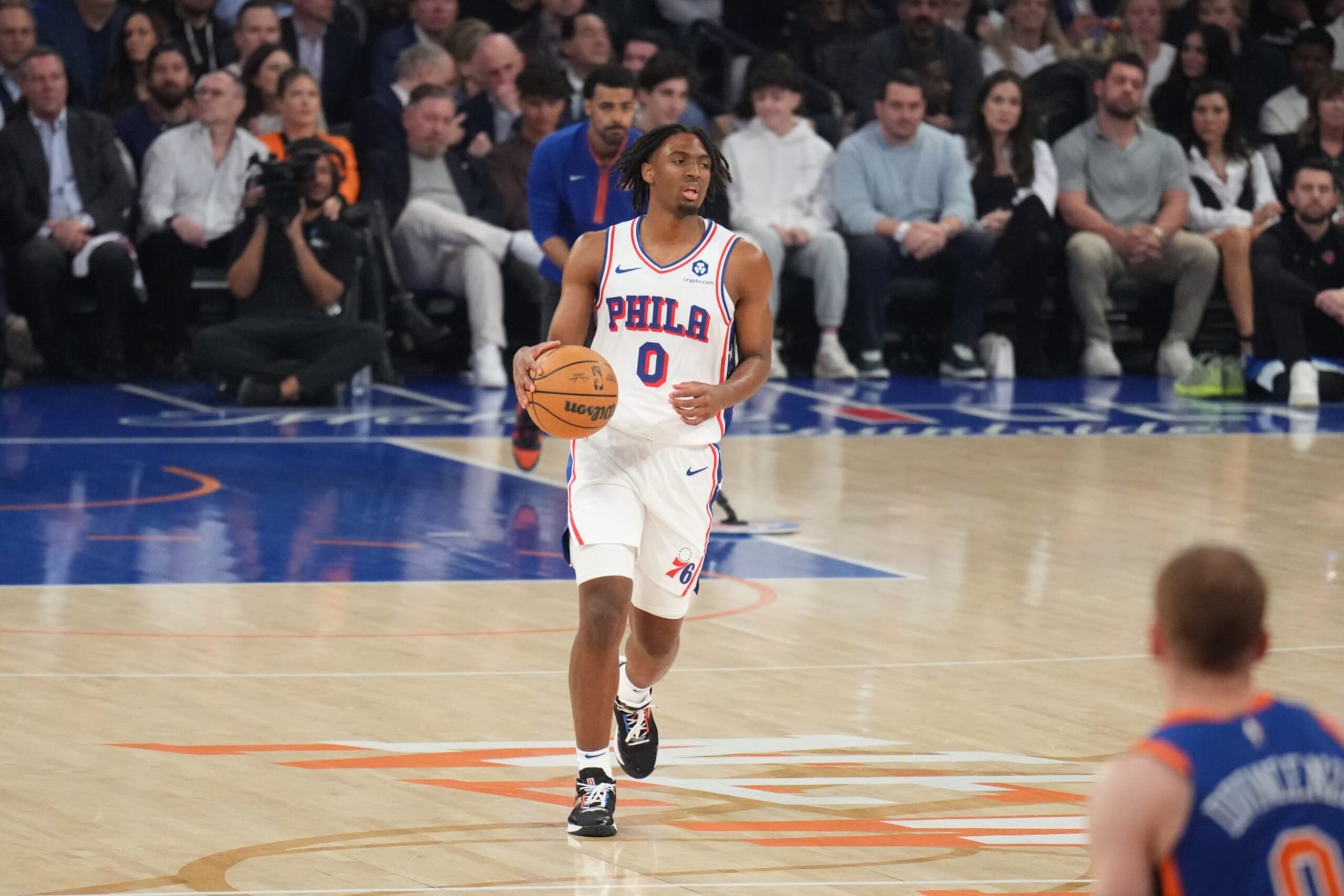 NEW YORK, NY - APRIL 30: Tyrese Maxey #0 of the Philadelphia 76ers dribbles the ball during the game against the New York Knicks during Round 1 Game 5 of the 2024 NBA Playoffs on April 30, 2024 at Madison Square Garden in New York City, New York.  NOTE TO USER: User expressly acknowledges and agrees that, by downloading and or using this photograph, User is consenting to the terms and conditions of the Getty Images License Agreement. Mandatory Copyright Notice: Copyright 2024 NBAE  (Photo by Jesse D. Garrabrant/NBAE via Getty Images)