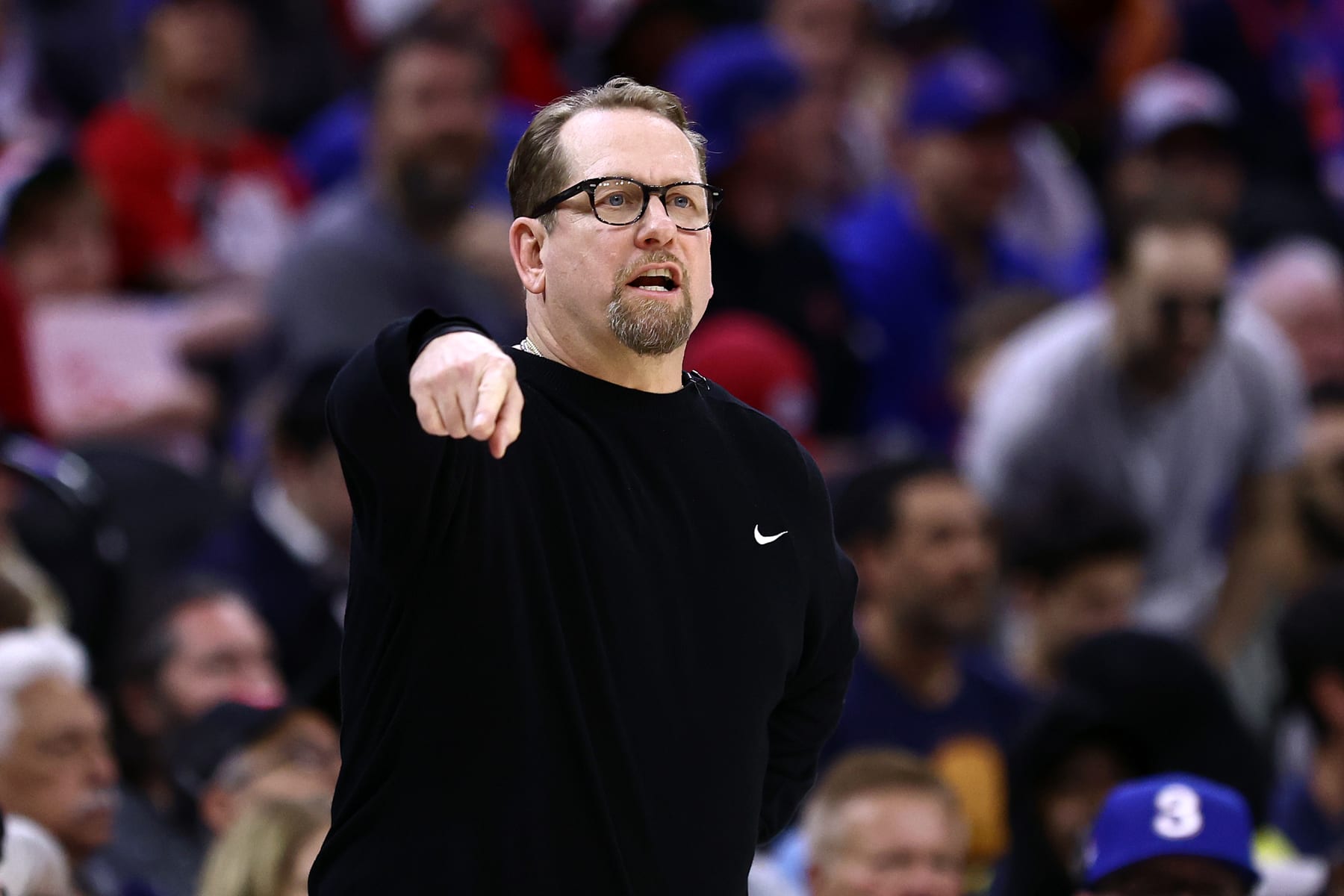 PHILADELPHIA, PENNSYLVANIA - APRIL 28: Head coach Nick Nurse of the Philadelphia 76ers reacts during the fourth quarter against the New York Knicks during game four of the Eastern Conference First Round Playoffs at the Wells Fargo Center on April 28, 2024 in Philadelphia, Pennsylvania. NOTE TO USER: User expressly acknowledges and agrees that, by downloading and/or using this Photograph, user is consenting to the terms and conditions of the Getty Images License Agreement. (Photo by Tim Nwachukwu/Getty Images)