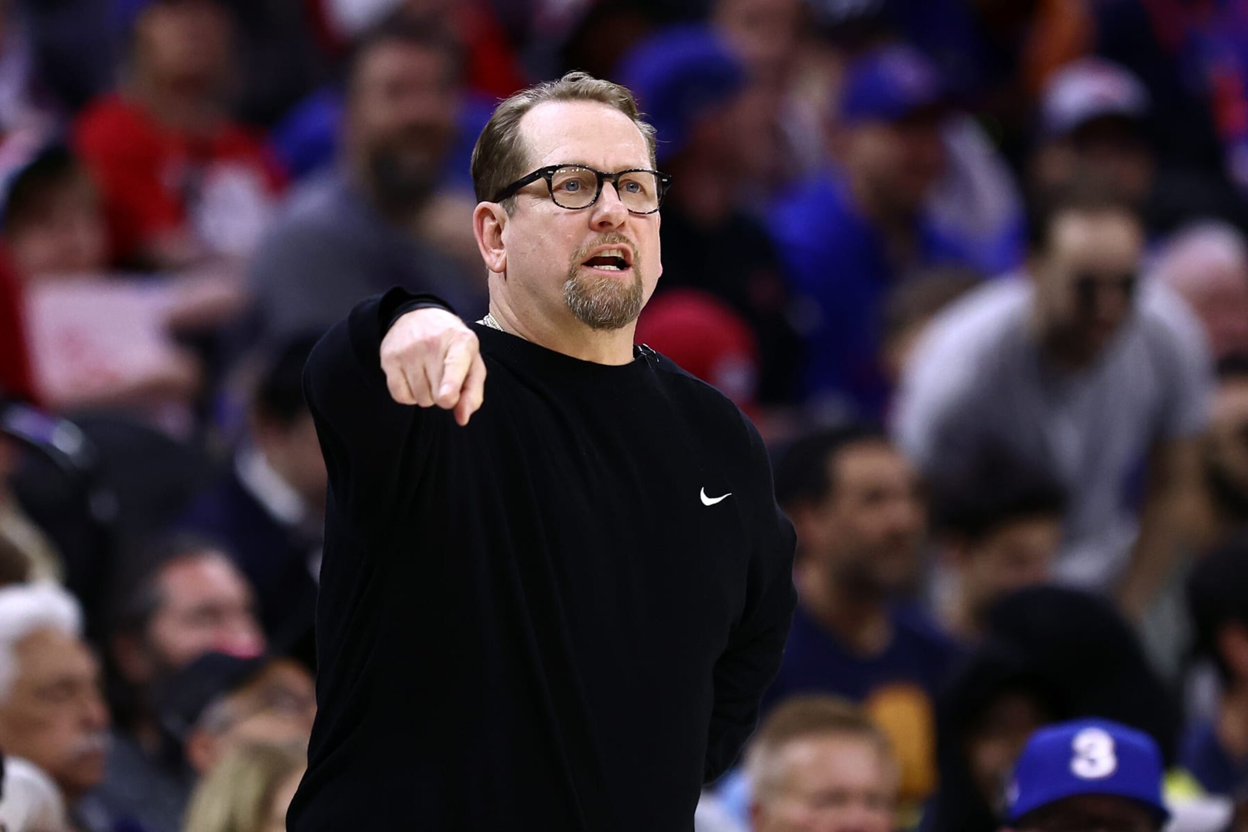 PHILADELPHIA, PENNSYLVANIA - APRIL 28: Head coach Nick Nurse of the Philadelphia 76ers reacts during the fourth quarter against the New York Knicks during game four of the Eastern Conference First Round Playoffs at the Wells Fargo Center on April 28, 2024 in Philadelphia, Pennsylvania. NOTE TO USER: User expressly acknowledges and agrees that, by downloading and/or using this Photograph, user is consenting to the terms and conditions of the Getty Images License Agreement. (Photo by Tim Nwachukwu/Getty Images)