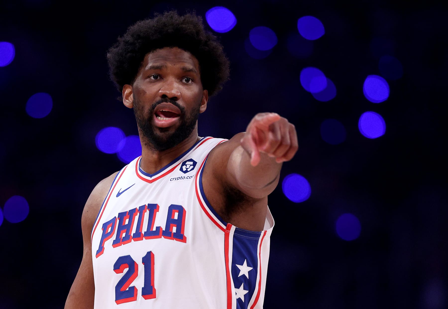 NEW YORK, NEW YORK - APRIL 30: Joel Embiid #21 of the Philadelphia 76ers reacts before the opening tipoff against the New York Knicks at Madison Square Garden on April 30, 2024 in New York City. NOTE TO USER: User expressly acknowledges and agrees that, by downloading and or using this photograph, User is consenting to the terms and conditions of the Getty Images License Agreement. (Photo by Elsa/Getty Images)