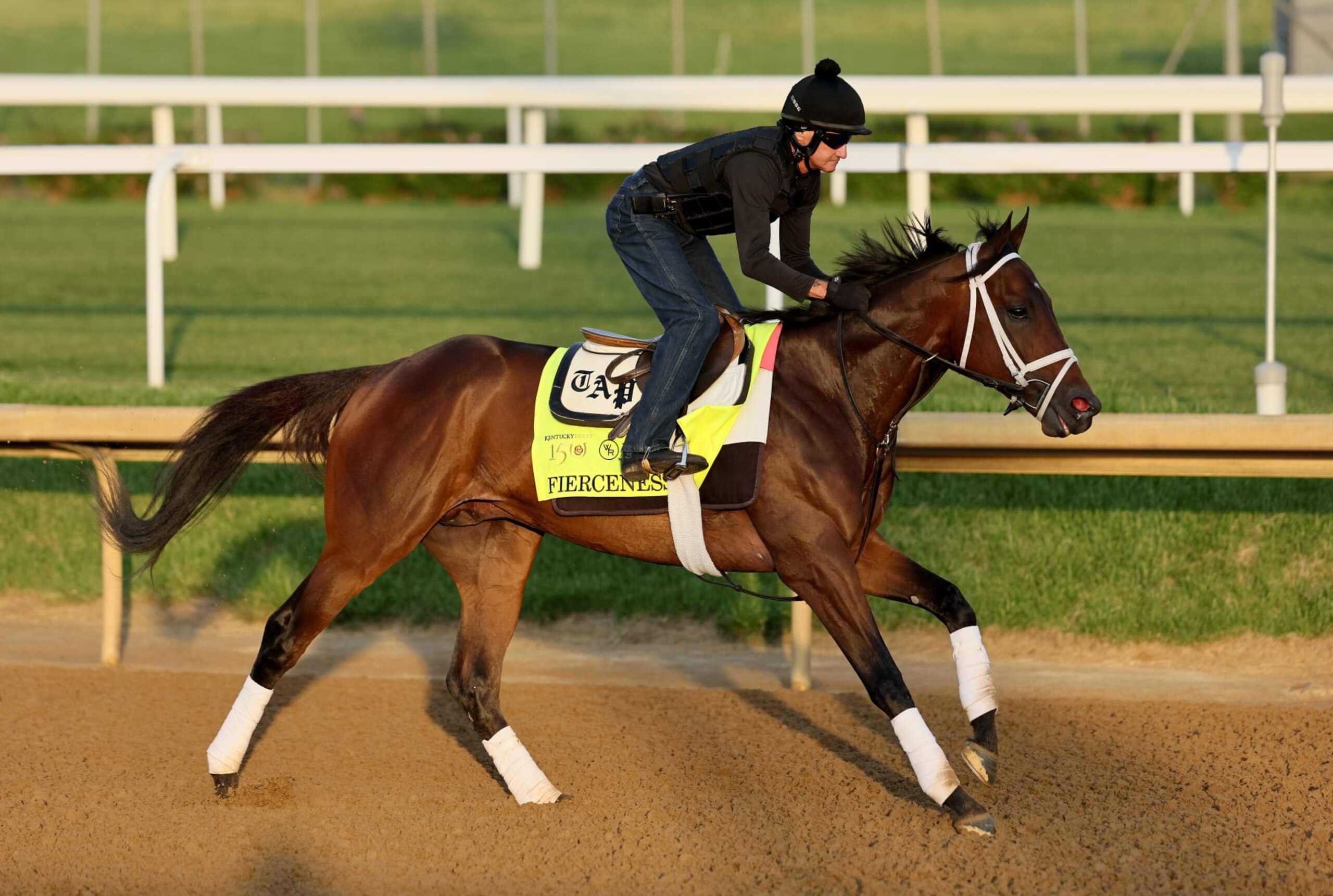 LOUISVILLE, KENTUCKY - APRIL 28: Fierceness runs on the track during the morning training for the Kentucky Derby at Churchill Downs on April 28, 2024 in Louisville, Kentucky. (Photo by Andy Lyons/Getty Images) LOUISVILLE, KENTUCKY - APRIL 28: Fierceness runs on the track during the morning training for the Kentucky Derby at Churchill Downs on April 28, 2024 in Louisville, Kentucky. (Photo by Andy Lyons/Getty Images)