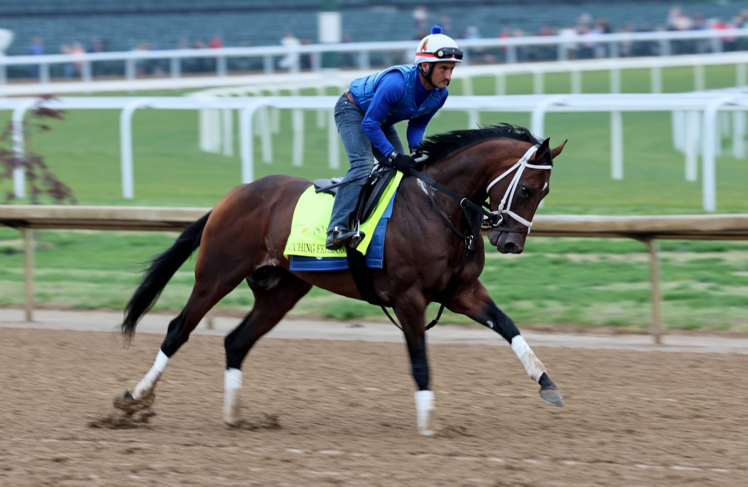 LOUISVILLE, KENTUCKY - APRIL 28: Catching Freedom runs on the track during the morning training for the Kentucky Derby at Churchill Downs on April 28, 2024 in Louisville, Kentucky.  (Photo by Andy Lyons/Getty Images)