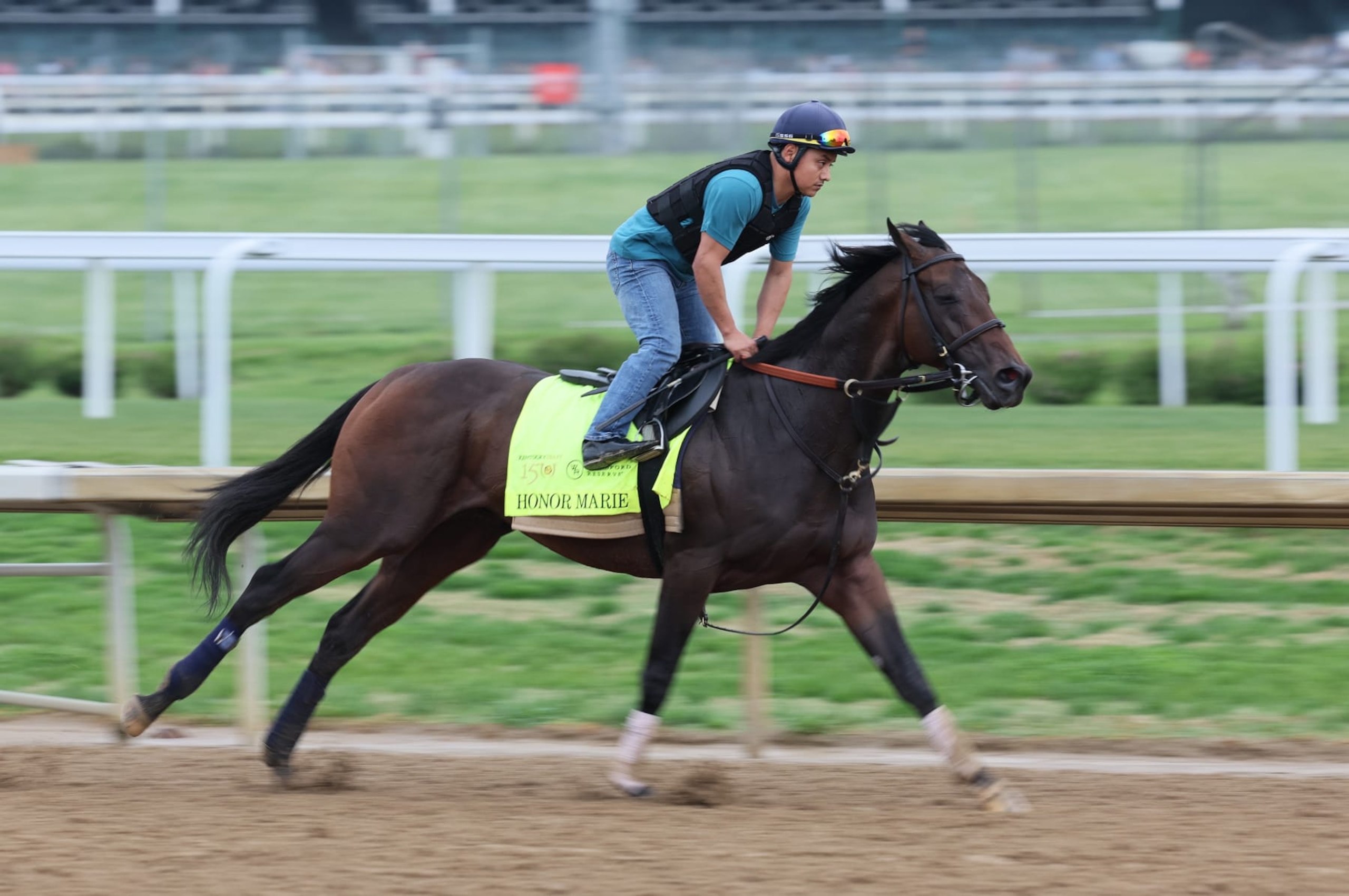 LOUISVILLE, KENTUCKY - APRIL 28: Honor Marie runs on the track during the morning training for the Kentucky Derby at Churchill Downs on April 28, 2024 in Louisville, Kentucky.  (Photo by Andy Lyons/Getty Images)