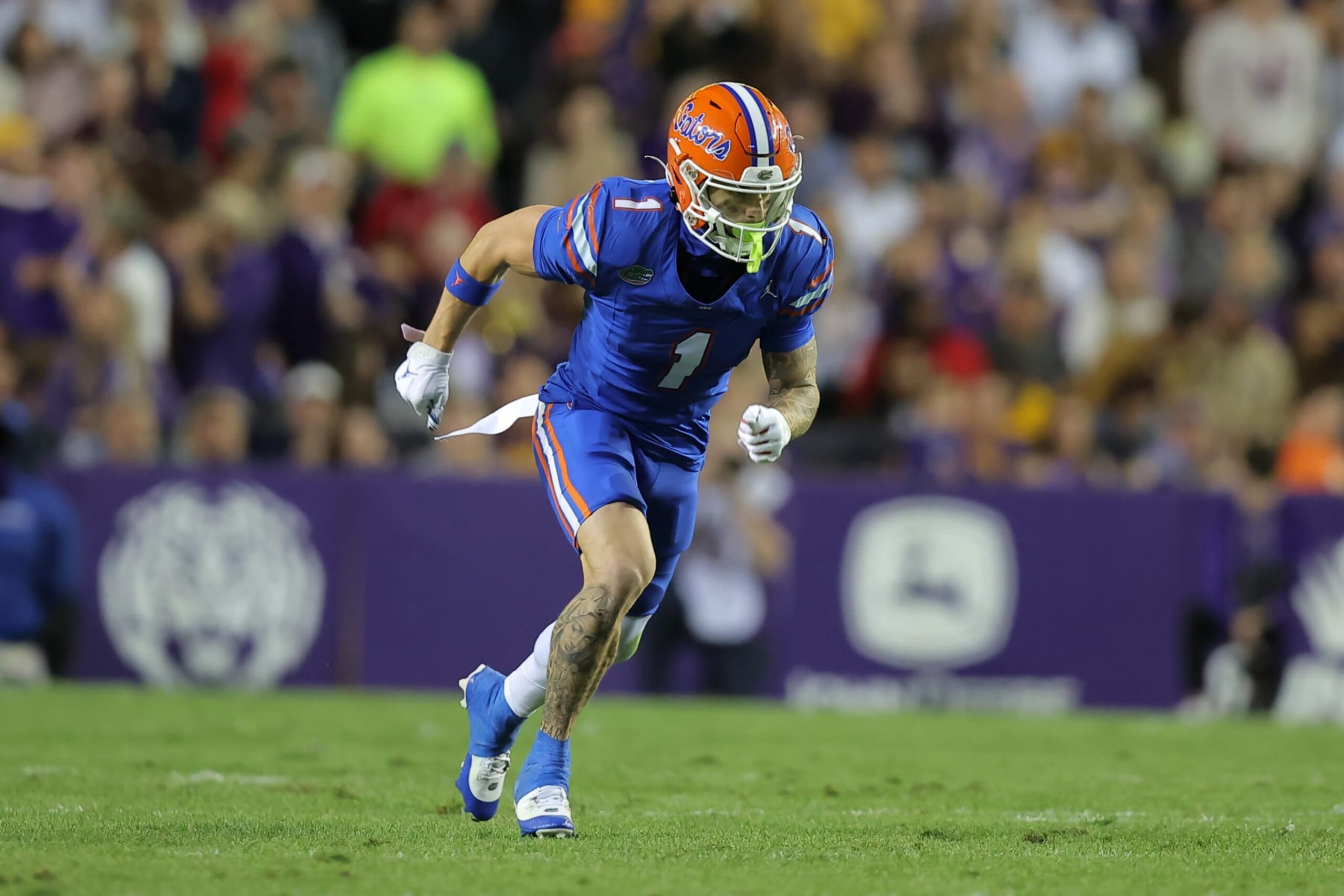 BATON ROUGE, LOUISIANA - NOVEMBER 11: Ricky Pearsall #1 of the Florida Gators in action against the LSU Tigers during a game at Tiger Stadium on November 11, 2023 in Baton Rouge, Louisiana. (Photo by Jonathan Bachman/Getty Images)