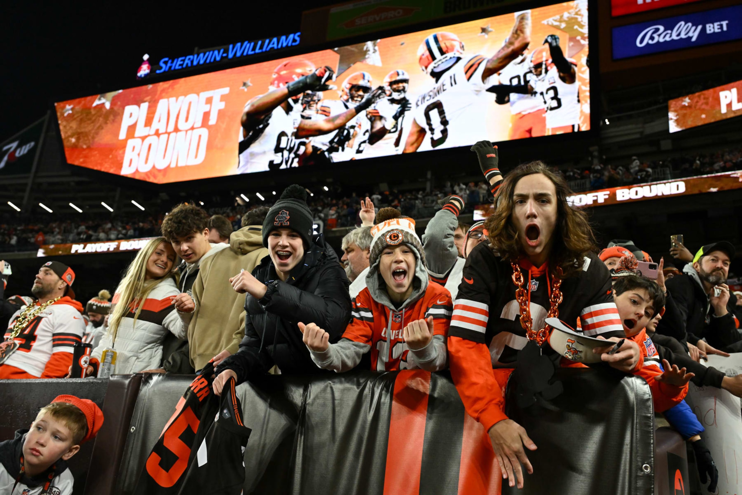 CLEVELAND, OHIO - DECEMBER 28: Cleveland Browns fans celebrate the team's 37-20 win over the New York Jets at Cleveland Browns Stadium on December 28, 2023 in Cleveland, Ohio. (Photo by Nick Cammett/Diamond Images via Getty Images)