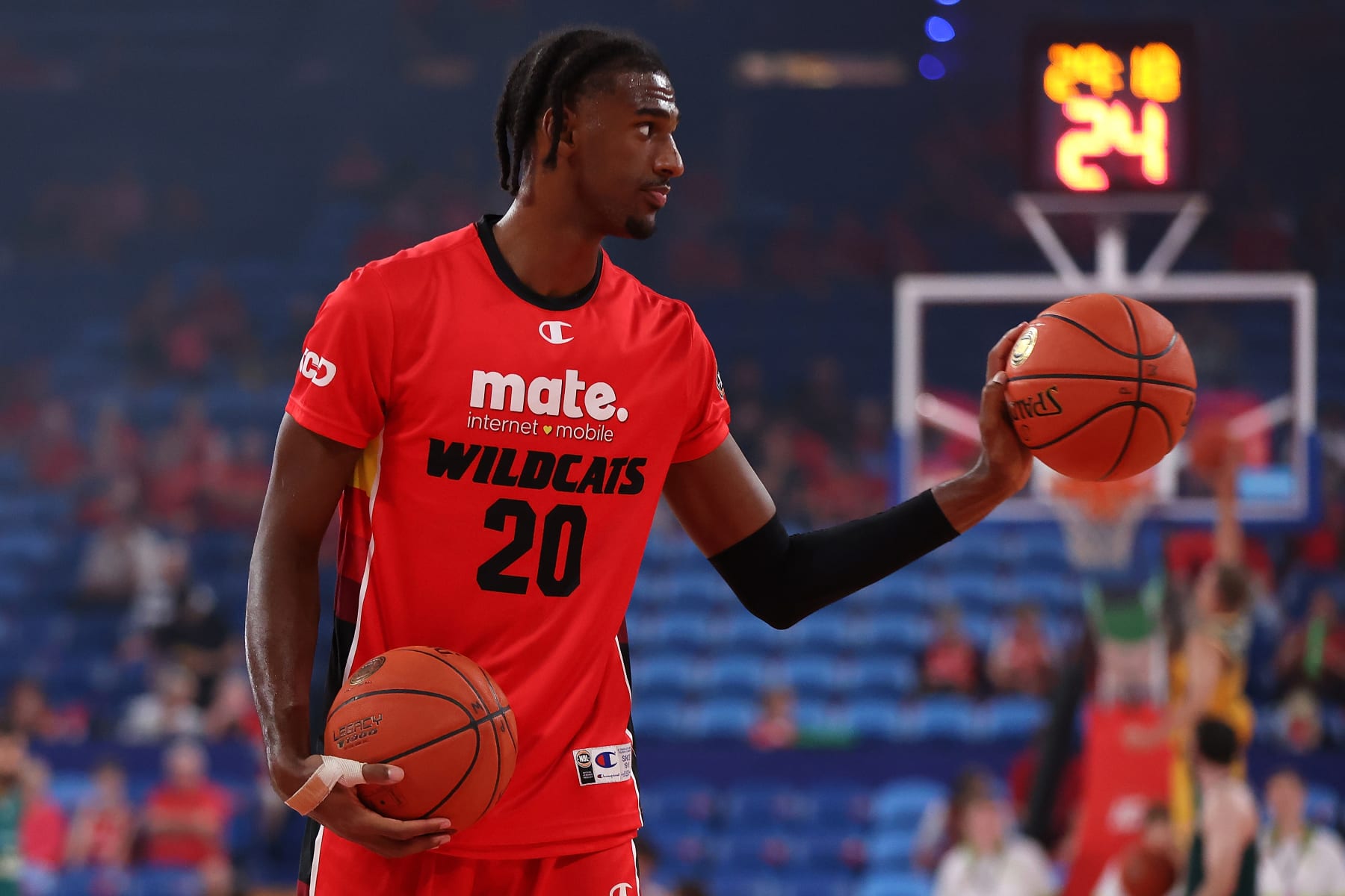 PERTH, AUSTRALIA - MARCH 08: Alex Sarr of the Wildcats warms up before game one of the NBL Semifinal series between Perth Wildcats and Tasmania Jackjumpers at RAC Arena, on March 08, 2024, in Perth, Australia. (Photo by Paul Kane/Getty Images)