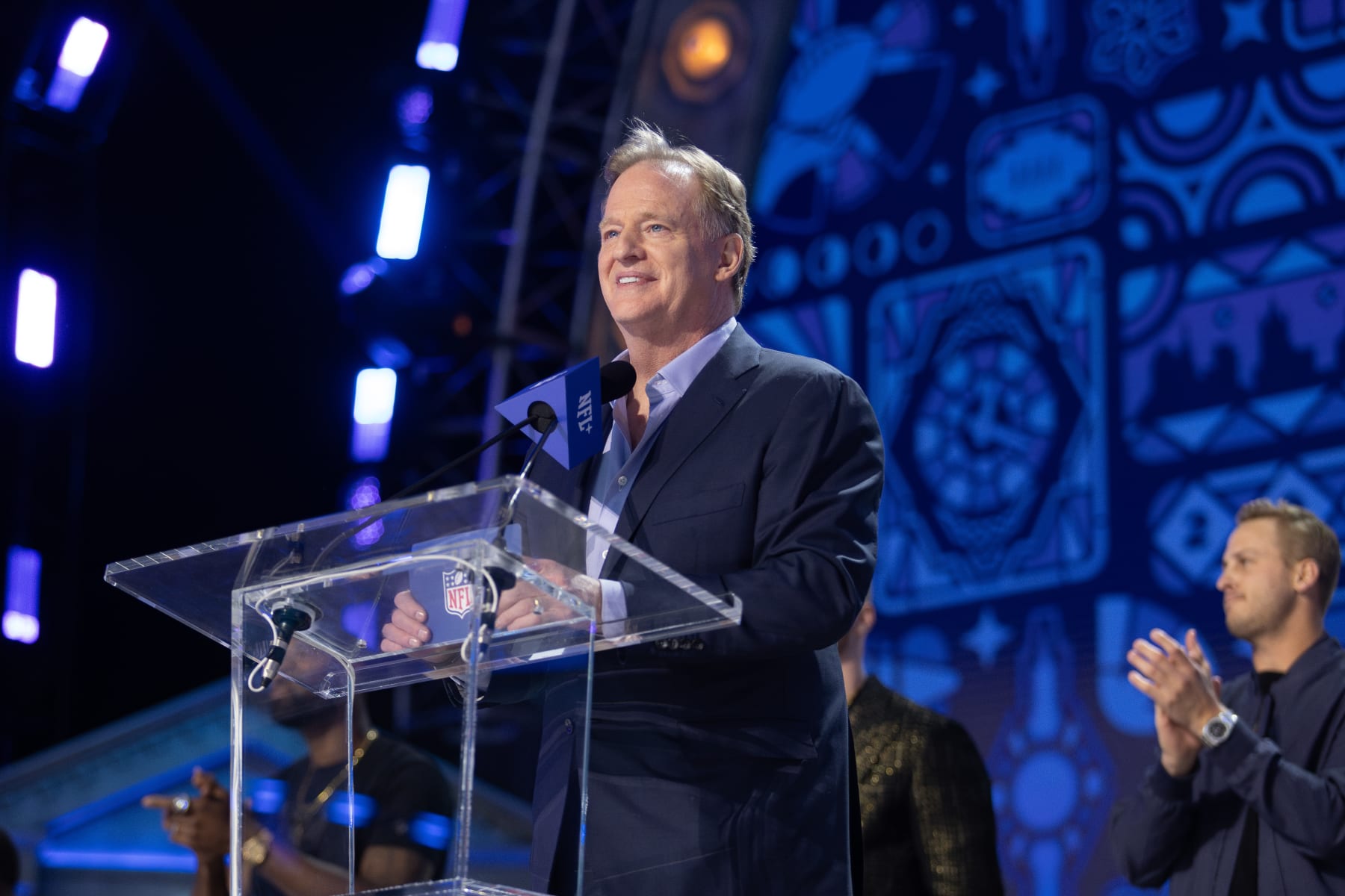 DETROIT, MI - APRIL 25: NFL Commissioner Roger Goodell on the stage to announce a pick during day 1 of the NFL Draft on April 25, 2024 at Fox Theatre in Detroit, MI. (Photo by John Smolek/Icon Sportswire via Getty Images)