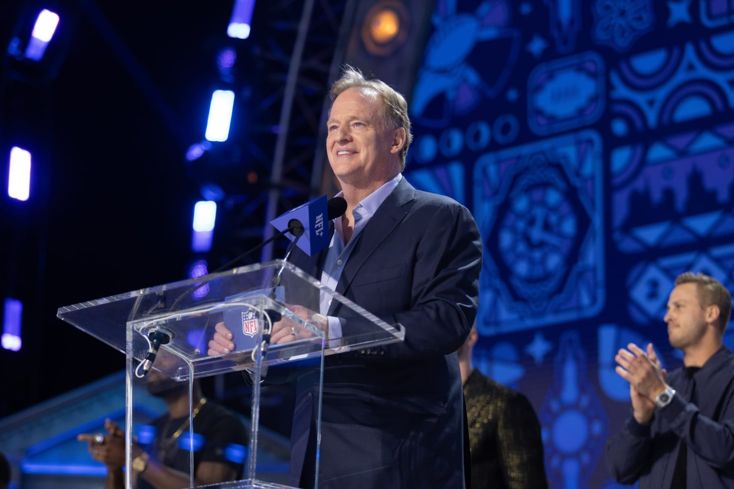 DETROIT, MI - APRIL 25: NFL Commissioner Roger Goodell on the stage to announce a pick during day 1 of the NFL Draft on April 25, 2024 at Fox Theatre in Detroit, MI. (Photo by John Smolek/Icon Sportswire via Getty Images)