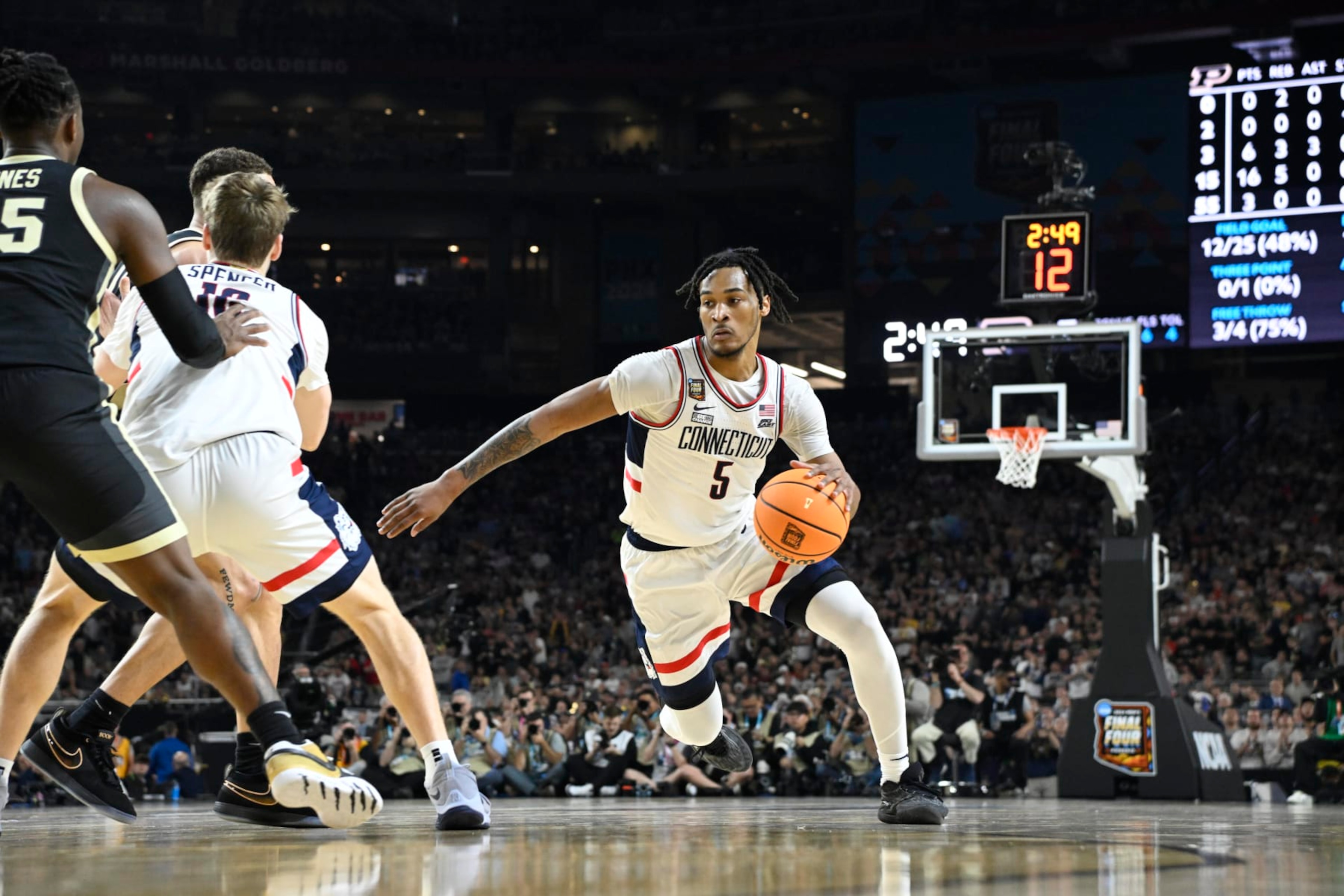 College Basketball: NCAA Final Four: UConn Stephon Castle (5) in action, dribbles vs Purdue during the NCAA Men's Basketball Tournament National Championship game at State Farm Stadium.
Glendale, AZ 4/8/2024
CREDIT: Greg Nelson (Photo by Greg Nelson/Sports Illustrated via Getty Images)
(Set Number: X00004 TK1) College Basketball: NCAA Final Four: UConn Stephon Castle (5) in action, dribbles vs Purdue during the NCAA Men's Basketball Tournament National Championship game at State Farm Stadium.
Glendale, AZ 4/8/2024
CREDIT: Greg Nelson (Photo by Greg Nelson/Sports Illustrated via Getty Images)
(Set Number: X00004 TK1)