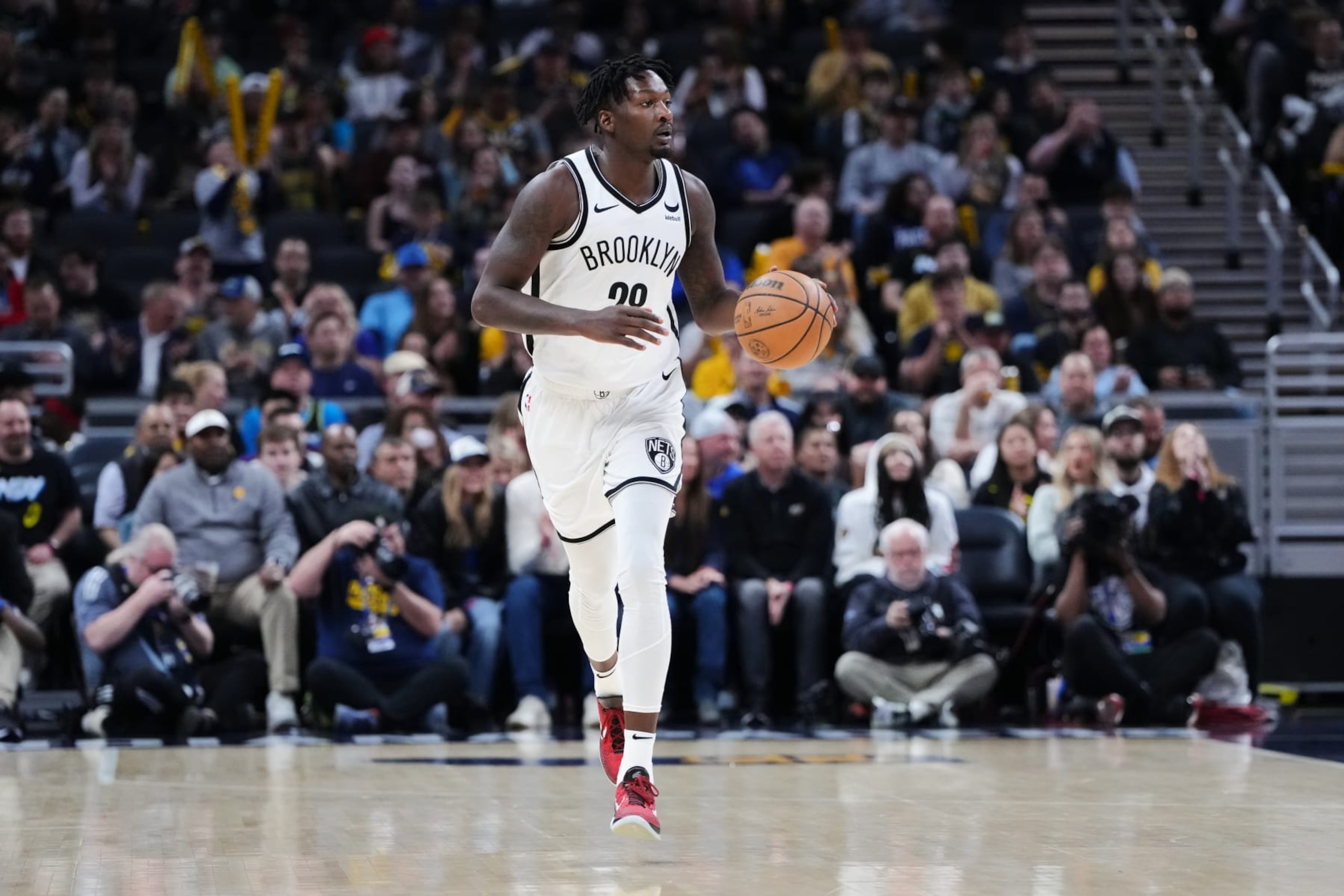 INDIANAPOLIS, INDIANA - APRIL 01: Dorian Finney-Smith #28 of the Brooklyn Nets dribbles the ball in the first quarter against the Indiana Pacers at Gainbridge Fieldhouse on April 01, 2024 in Indianapolis, Indiana. NOTE TO USER: User expressly acknowledges and agrees that, by downloading and or using this photograph, User is consenting to the terms and conditions of the Getty Images License Agreement. (Photo by Dylan Buell/Getty Images)