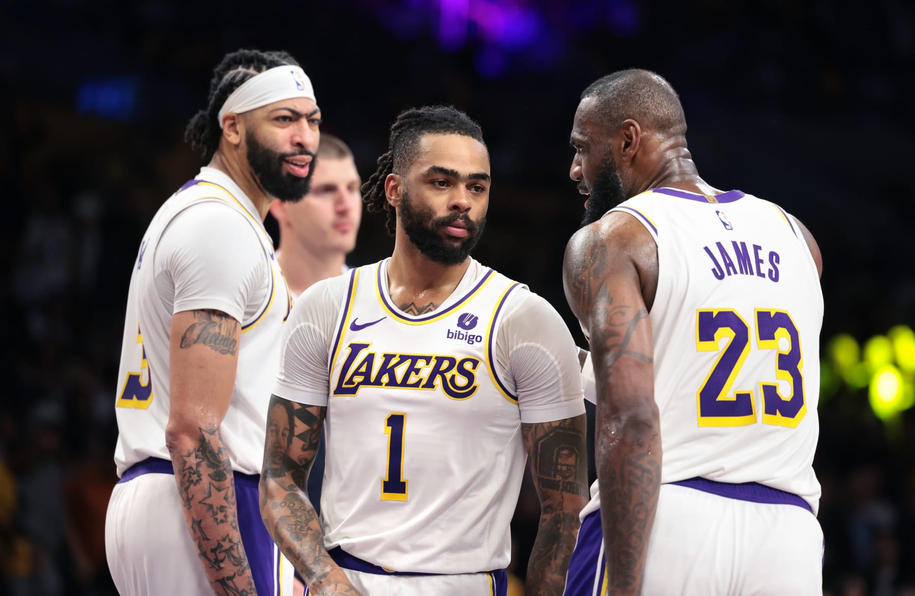 LOS ANGELES, CALIFORNIA - APRIL 27: Lakers D'Angelo Russell (1) with Anthony Davis,left, and LeBron James in Game 4 of the NBA playoffs at Crypto.com Arena. (Wally Skalij/Los Angeles Times via Getty Images)