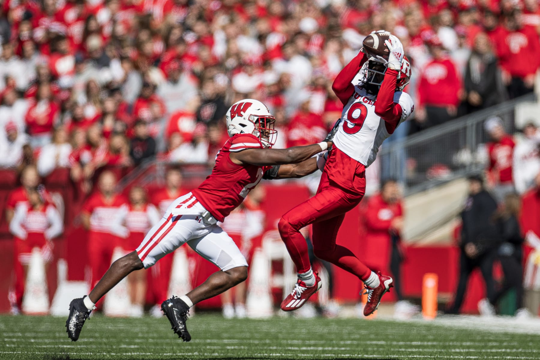 MADISON, WI - OCTOBER 07: Rutgers Scarlet Knights wide receiver JaQuae Jackson (9) turns back for the catch durning a college football game between the Rutgers Scarlet Knights and the Wisconsin Badgers on October 7th, 2023 at Barry Alvarez field at Camp Randall Stadium in Madison, WI. (Photo by Dan Sanger/Icon Sportswire via Getty Images)